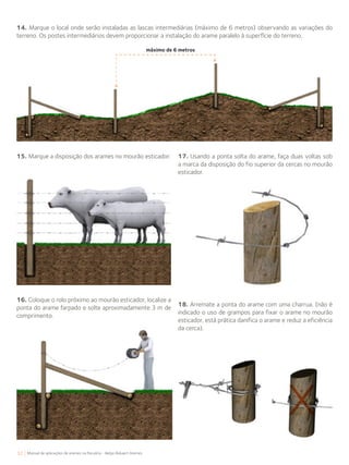32 Manual de aplicações de arames na Pecuária - Belgo Bekaert Arames
14. Marque o local onde serão instaladas as lascas intermediárias (máximo de 6 metros) observando as variações do
terreno. Os postes intermediários devem proporcionar a instalação do arame paralelo à superfície do terreno.
15. Marque a disposição dos arames no mourão esticador.
16. Coloque o rolo próximo ao mourão esticador, localize a
ponta do arame farpado e solte aproximadamente 3 m de
comprimento.
17. Usando a ponta solta do arame, faça duas voltas sob
a marca da disposição do fio superior da cercas no mourão
esticador.
18. Arremate a ponta do arame com uma charrua. (não é
indicado o uso de grampos para fixar o arame no mourão
esticador, está prática danifica o arame e reduz a eficiência
da cerca).
máximo de 6 metros
 