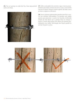 34 Manual de aplicações de arames na Pecuária - Belgo Bekaert Arames
26. Fixe um grampo na união dos fios. Caso seja possível
sobre uma farpa.
27. Solte a esticadeira de corrente e siga o mesmo proce-
dimento para todos os lances da cerca. (caso a cerca tenha
mais de um lance, estique o arame superior de toda a cerca
primeiro e depois os inferiores).
28. Use os grampos galvanizados pesados para fixar o ara-
me nos mourões intermediáros. Os grampos são usados
apenas para posicionar o arame nos mourões, lembrando
sempre de não deixar que o grampo force ou marque o
arame. O arame deve passar livre dentro do grampo pos-
sibilitando uma melhor distribuição das forças quando os
animais forçarem a cerca.
 