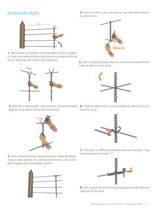 35Manual de aplicações de arames na Pecuária - Belgo Bekaert Arames
Distanciador Açofix
1. Recomenda-se instalar um distanciador Açofix a cada 2
m. Guie a entrada do distanciador a partir do segundo fio da
cerca, descendo até o último fio (debaixo).
2. Retorne o distanciador para encaixar sua extremidade
superior no primeiro fio da cerca (de cima).
3. Com a chave de torcer que acompanha o feixe de Açofix,
torça as duas pontas em volta do primeiro fio, até a com-
pleta fixação da extremidade superior
4. Com as mãos, abra as pontas que sobrarem abaixo
do último fio.
5. Com a ajuda do torcel, torça as duas pontas restantes em
volta do último fio da cerca.
6. Instale o atilho entre os fios do Açofix na altura do fio do
meio da cerca.
7. Posicione o atilho aproximadamente na metade e faça
uma dobra em forma de “s”.
8. Com a ajuda do torcel, torça as duas pontas do atilho em
volta do fio do meio.
 