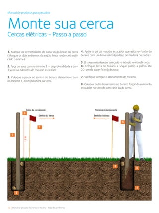 42 Manual de aplicações de arames na Pecuária - Belgo Bekaert Arames
Manual de produtos para pecuária
Monte sua cercaCercas elétricas - Passo a passo
1. Marque as extremidades de cada seção linear da cerca
(Marque os dois extremos da seção linear onde será esti-
cado o arame).
2. Faça buracos com no mínimo 1 m de profundidade e com
3 vezes o diâmetro do mourão esticador.
3. Coloque o poste no centro do buraco deixando-o com
no mínimo 1,30 m para fora da terra.
4. Apóie o pé do mourão esticador que está no fundo do
buraco com um travesseiro (pedaço de madeira ou pedra).
5. O travesseiro deve ser colocado no lado do sentido da cerca.
6. Coloque terra no buraco e soque palmo a palmo até
20  cm da superfície do buraco.
7. Verifique sempre o alinhamento do mesmo.
8. Coloque outro travesseiro no buraco forçando o mourão
esticador no sentido contrário ao da cerca.
 