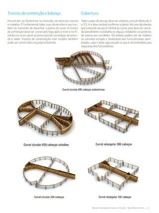 63Manual de aplicações de arames na Pecuária - Belgo Bekaert Arames
Troncos de contenção e balança
Encontram-se facilmente no mercado, de diversas marcas
e modelos. É fundamental saber suas dimensões e seu mo-
delo no memento de desenhar a planta do cural. O tronco
de contenção deve ser construído logo após o tronco no fi-
nal da curva em geral, já possui portas corrediças de entra-
da e saída. Troncos de contentação mais simples também
pode ser construídos na própria fazenda.
Cobertura
Todo o setor de serviço deve ser coberto, com pé direito de 3
a 3,5 m e área variável conforme a planta. No caso de plantas
que a área de serviço é central ao curral, esta deve ser cerca-
da lateralmente (cordoalha ou régua), instalando-se porteiras
de acesso aos curraletes. Os esteios podem ser de madeira
ou concreto armado e necessitam dos furos/encaixes apro-
priados, caso o setor seja cercado (o que é recomendado para
segurança dos funcionários).
 