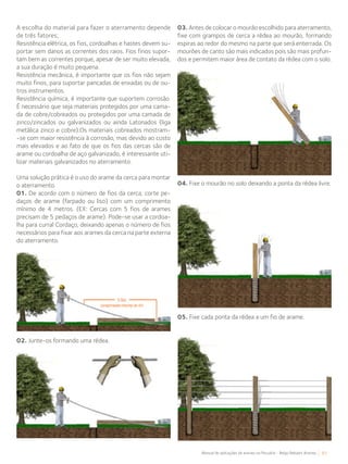 81Manual de aplicações de arames na Pecuária - Belgo Bekaert Arames
A escolha do material para fazer o aterramento depende
de três fatores;
Resistência elétrica, os fios, cordoalhas e hastes devem su-
portar sem danos as correntes dos raios. Fios finos supor-
tam bem as correntes porque, apesar de ser muito elevada,
a sua duração é muito pequena.
Resistência mecânica, é importante que os fios não sejam
muito finos, para suportar pancadas de enxadas ou de ou-
tros instrumentos.
Resistência química, é importante que suportem corrosão.
É necessário que seja materiais protegidos por uma cama-
da de cobre/cobreados ou protegidos por uma camada de
zinco/zincados ou galvanizados ou ainda Latonados (liga
metálica zinco e cobre).Os materiais cobreados mostram-
-se com maior resistência à corrosão, mas devido ao custo
mais elevados e ao fato de que os fios das cercas são de
arame ou cordoalha de aço galvanizado, é interessante uti-
lizar materiais galvanizados no aterramento.
Uma solução prática é o uso do arame da cerca para montar
o aterramento.
01. De acordo com o número de fios da cerca, corte pe-
daços de arame (farpado ou liso) com um comprimento
mínimo de 4 metros. (EX: Cercas com 5 fios de arames
precisam de 5 pedaços de arame). Pode-se usar a cordoa-
lha para curral Cordaço, deixando apenas o número de fios
necessários para fixar aos arames da cerca na parte externa
do aterramento.
02. Junte-os formando uma rédea.
03. Antes de colocar o mourão escolhido para aterramento,
fixe com grampos de cerca a rédea ao mourão, formando
espiras ao redor do mesmo na parte que será enterrada. Os
mourões de canto são mais indicados pois são mais profun-
dos e permitem maior área de contato da rédea com o solo.
04. Fixe o mourão no solo deixando a ponta da rédea livre.
05. Fixe cada ponta da rédea a um fio de arame.
 