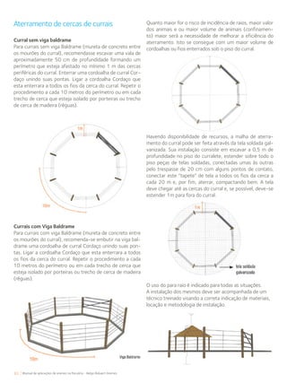 82 Manual de aplicações de arames na Pecuária - Belgo Bekaert Arames
Aterramento de cercas de currais
Curral sem viga baldrame
Para currais sem viga Baldrame (mureta de concreto entre
os mourões do curral), recomendasse escavar uma vala de
aproximadamente 50 cm de profundidade formando um
perímetro que esteja afastado no mínimo 1 m das cercas
periféricas do curral. Enterrar uma cordoalha de curral Cor-
daço unindo suas pontas. Ligar a cordoalha Cordaço que
esta enterrara a todos os fios da cerca do curral. Repetir o
procedimento a cada 10 metros do perímetro ou em cada
trecho de cerca que esteja isolado por porteiras ou trecho
de cerca de madeira (réguas).
Currais com Viga Baldrame
Para currais com viga Baldrame (mureta de concreto entre
os mourões do curral), recomenda-se embutir na viga bal-
drame uma cordoalha de curral Cordaço unindo suas pon-
tas. Ligar a cordoalha Cordaço que esta enterrara a todos
os fios da cerca do curral. Repetir o procedimento a cada
10 metros do perímetro ou em cada trecho de cerca que
esteja isolado por porteiras ou trecho de cerca de madeira
(réguas).
Quanto maior for o risco de incidência de raios, maior valor
dos animais e ou maior volume de animais (confinamen-
to) maior será a necessidade de melhorar a eficiência do
aterramento. Isto se consegue com um maior volume de
cordoalhas ou fios enterrados sob o piso do curral.
Havendo disponibilidade de recursos, a malha de aterra-
mento do curral pode ser feita através da tela soldada gal-
vanizada. Sua instalação consiste em escavar a 0,5 m de
profundidade no piso do curralete, estender sobre todo o
piso peças de telas soldadas, conectadas umas às outras
pelo trespasse de 20 cm com alguns pontos de contato,
conectar este “tapete” de tela a todos os fios da cerca a
cada 20 m e, por fim, aterrar, compactando bem. A tela
deve chegar até as cercas do curral e, se possível, deve-se
estender 1m para fora do curral.
O uso do para raio é indicado para todas as situações.
A instalação dos mesmos deve ser acompanhada de um
técnico treinado visando a correta indicação de materiais,
locação e metodologia de instalação.
 