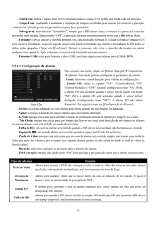 . Total/Livre: indica o espaço total do HD instalado/indica o espaço livre do HD que ainda pode ser utilizado. 
. Tempo Livre: analisando a qualidade e resolução de imagem escolhidas pelo usuário para realizar a gravação, 
o sistema irá calcular quanto tempo ainda resta para fazer gravações. 
. Sobregravar: selecionando “Automático”, sempre que o HD estiver cheio, o sistema irá gravar por cima das 
gravações mais antigas. Selecionando “OFF”, a gravação irá parar automaticamente assim que o HD estiver cheio. 
. Formatar HD: ao utilizar o HD pela primeira vez, será necessário formatá-lo. Clique no botão [Formatar HD] 
para iniciar a formatação. Logo em seguida surgirá uma janela informando que durante a formatação do HD todos os 
dados serão apagados. Clique em [Confirmar]. Durante o processo, não retire o aparelho da tomada ou realize 
qualquer outra operação. Após o término, o sistema será reiniciado automaticamente. 
. Formatar USB: serve para formatar o disco USB, caso haja algum conectado na porta USB do DVR. 
Para acessar essa seção, clique em [Menu Principal  Dispositivos 
 Alarme]. Esta seção permite configurar os parâmetros de alarme. 
. Canal: selecione o canal desejado para realizar as configurações. 
. Estado I/O: inclui as opções “NA” (Normal-Aberto), “NF” 
(Normal-Fechado) e “OFF”. Quando configurado como “NA” (NO), 
o alarme I/O será acionado quando o sensor estiver ligado. Em modo 
“NF” (NC), o alarme I/O será acionado quando o sensor estiver 
desligado. Configurando como “OFF”, o alarme I/O não estará 
disponível. Em seguida clique em [Configuração Foto 5-26 de Alarme]. 
16 
5.2.6.2 Configuração de Alarme 
. Sirene: selecione a duração do som emitido pela sirene quando um movimento for detectado. 
. Saída: selecione a duração do sensor externo após movimento detectado. 
. E-Mail: marque esta caixa para habilitar a função de notificação remota de alarme por imagens via e-mail. 
. Tela Cheia: marque esta caixa para que sempre que houver um canal com detecção de movimento ou disparo 
de alarme externo, este será exibido em modo de tela cheia. 
. Falha de HD: um som de alarme será emitido quando o HD estiver desconectado, não formatado ou inválido. 
. Espaço de HD: um som de alarme será emitido quando o espaço do HD não for suficiente. 
. Perda de Vídeo: marque esta caixa para que um som de alarme seja emitido sempre que houver uma perda de 
vídeo por parte das câmeras, por exemplo caso alguma câmera quebre ou não esteja enviando o sinal de vídeo de 
forma correta. 
. Duração: selecione a duração da gravação após o término do alarme. 
. Pré-Gravação: marque esta opção como “ON” para que haja a pré-gravação antes que o alarme sonoro ocorra. 
Tipo de Alarme Função 
Perda de Vídeo 
Alarme para quando o DVR não consegue receber o sinal de vídeo das câmeras (exemplo: câmera 
danificada, cabo quebrado ou danificado, mal funcionamento da fonte de força). 
Detecção de 
Movimento 
Alarme para qualquer objeto que se mexer dentro da área de detecção de movimento. É possível 
ajustar o nível de sensitividade de percepção do DVR. 
Estado I/O 
O sistema pode converter o sinal de alarme disparado pelo sensor externo em sinal que possa ser 
identificado pelo sistema. 
Falha de HD 
Alarme para quando o HD estiver inválido (exemplo: HD danificado, HD não formatado, HD cheio e 
sem espaço disponível, mal funcionamento da fonte de força). 
 