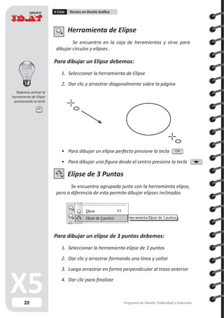 20
II Ciclo Técnico en Diseño Gráfico
Programa de Diseño, Publicidad y Extensión
Herramienta de Elípse
Se encuentra en la caja de heramientas y sirve para
dibujar círculos y elípses.
Para dibujar un Elípse debemos:
1.	 Seleccionar la herramienta de Elípse
2.	 Dar clic y arrastrar diagonalmente sobre la página
•	 Para dibujar un elípse perfecto presione la tecla
•	 Para dibujar una figura desde el centro presione la tecla
Elípse de 3 Puntos
Se encuentra agrupada junto con la herramienta elípse,
pero a diferencia de esta permite dibujar elípses inclinadas
Para dibujar un elípse de 3 puntos debemos:
1.	 Seleccionar la herramienta elípse de 3 puntos
2.	 Dar clic y arrastrar formando una línea y soltar
3.	 Luego arrastrar en forma perpendicular al trazo anterior
4.	 Dar clic para finalizar
Ctrl
F7
Podemos activar la
herramienta de Elípse
presionando la tecla
 