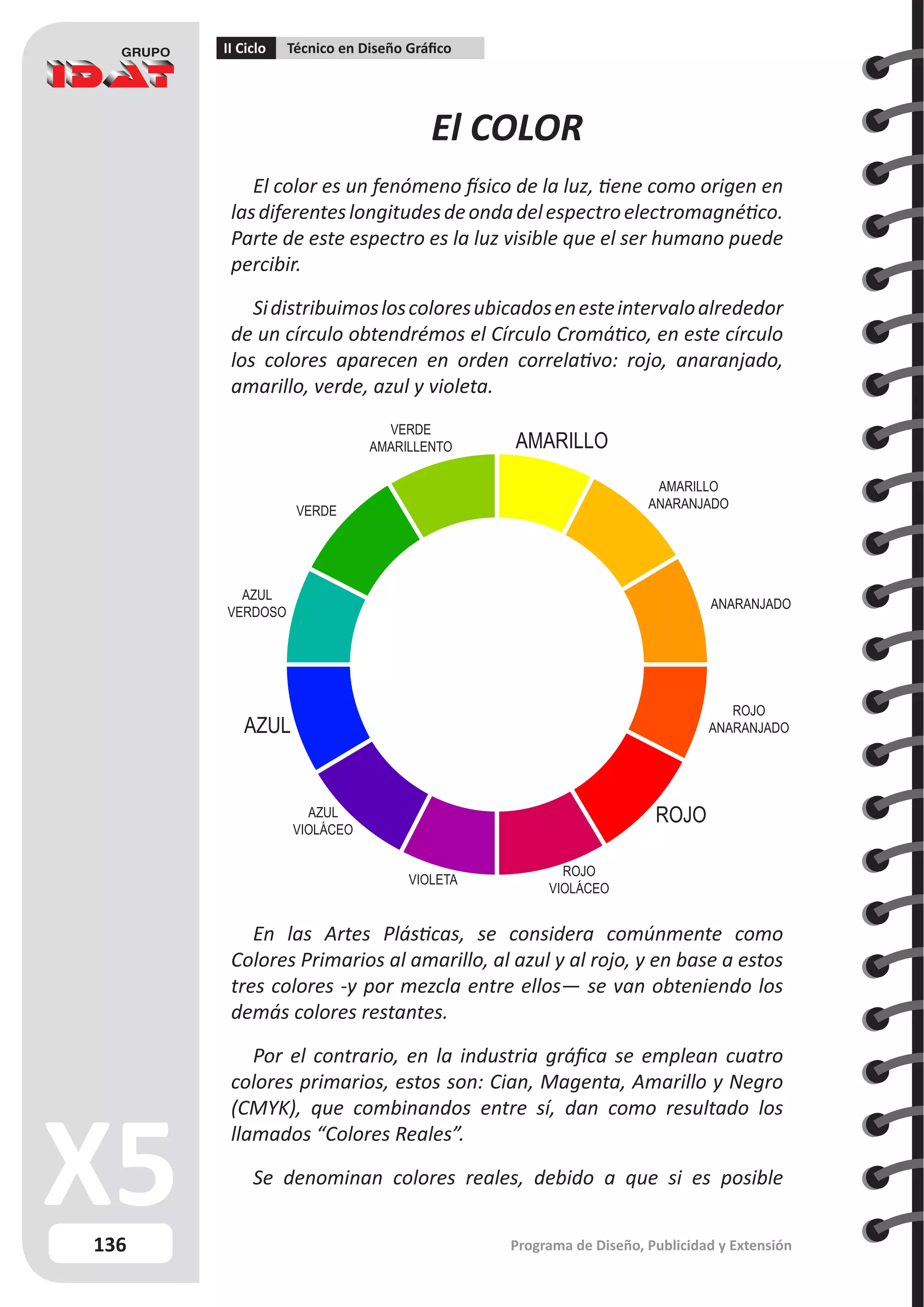 136
II Ciclo Técnico en Diseño Gráfico
Programa de Diseño, Publicidad y Extensión
El COLOR
El color es un fenómeno físico de la luz, tiene como origen en
lasdiferenteslongitudesdeondadelespectroelectromagnético.
Parte de este espectro es la luz visible que el ser humano puede
percibir.
Sidistribuimosloscoloresubicadosenesteintervaloalrededor
de un círculo obtendrémos el Círculo Cromático, en este círculo
los colores aparecen en orden correlativo: rojo, anaranjado,
amarillo, verde, azul y violeta.
AMARILLO
VERDE
AZUL
VIOLETA
ROJO
ANARANJADO
AZUL
VERDOSO
VERDE
AMARILLENTO
AZUL
VIOLÁCEO
ROJO
VIOLÁCEO
ROJO
ANARANJADO
AMARILLO
ANARANJADO
En las Artes Plásticas, se considera comúnmente como
Colores Primarios al amarillo, al azul y al rojo, y en base a estos
tres colores -y por mezcla entre ellos— se van obteniendo los
demás colores restantes.
Por el contrario, en la industria gráfica se emplean cuatro
colores primarios, estos son: Cian, Magenta, Amarillo y Negro
(CMYK), que combinandos entre sí, dan como resultado los
llamados “Colores Reales”.
Se denominan colores reales, debido a que si es posible
 