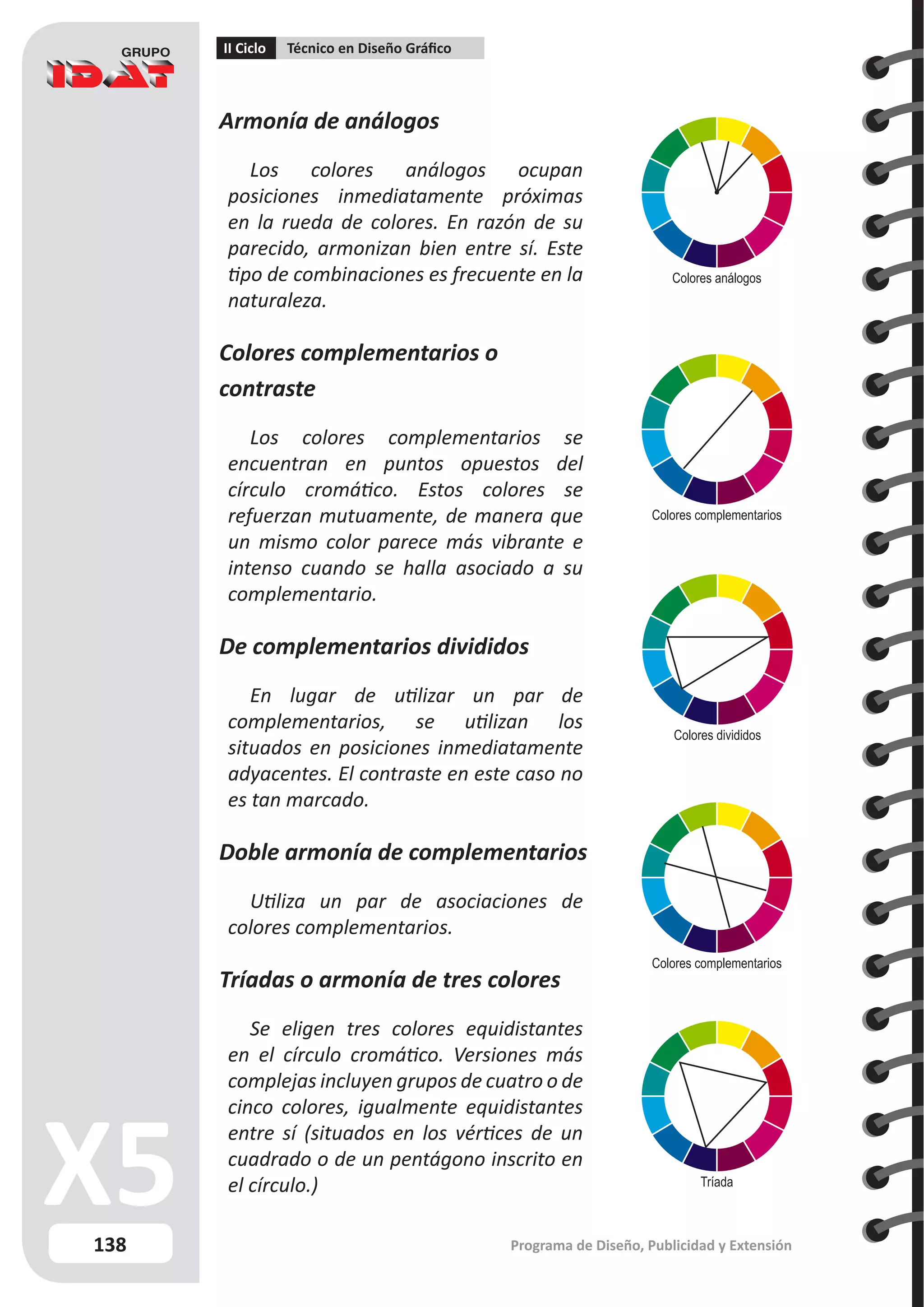 138
II Ciclo Técnico en Diseño Gráfico
Programa de Diseño, Publicidad y Extensión
Armonía de análogos
Los colores análogos ocupan
posiciones inmediatamente próximas
en la rueda de colores. En razón de su
parecido, armonizan bien entre sí. Este
tipo de combinaciones es frecuente en la
naturaleza.
Colores complementarios o
contraste
Los colores complementarios se
encuentran en puntos opuestos del
círculo cromático. Estos colores se
refuerzan mutuamente, de manera que
un mismo color parece más vibrante e
intenso cuando se halla asociado a su
complementario.
De complementarios divididos
En lugar de utilizar un par de
complementarios, se utilizan los
situados en posiciones inmediatamente
adyacentes. El contraste en este caso no
es tan marcado.
Doble armonía de complementarios
Utiliza un par de asociaciones de
colores complementarios.
Tríadas o armonía de tres colores
Se eligen tres colores equidistantes
en el círculo cromático. Versiones más
complejas incluyen grupos de cuatro o de
cinco colores, igualmente equidistantes
entre sí (situados en los vértices de un
cuadrado o de un pentágono inscrito en
el círculo.)
Colores análogos
Colores complementarios
Colores divididos
Colores complementarios
Tríada
 