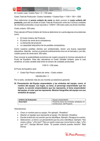 En nuestro caso: Costos Fijos = 0 + 100 soles
Costo Total de Producción: Costos Variables + Costos Fijos = 1150 + 100 = 1250
Para determinar el precio unitario de venta se debe conocer el costo unitario del
producto, para ello se divide el Costo Total de Producción entre las 5 (Cinco) unidades
de mochilas producidas, lo que equivale a: 1250/5 = 250 soles cada una de las mochilas.
Costo unitario: 250 soles.
Para calcular el Precio Unitario de Venta se debe tener en cuenta algunas circunstancias
como:
 El Costo Unitario del Producto
 El precio de venta de la competencia
 La demanda del producto
 La capacidad adquisitiva de los posibles compradores
Como nuestros posibles clientes son profesionales, tienen una buena capacidad
adquisitiva. Además, somos un producto prácticamente único en el mercado y, por ello,
nuestro precio de venta será: 350 soles.
Para conocer la sostenibilidad económica de nuestro proyecto lo hicimos calculando el
Punto de Equilibrio. Para ello calculamos el Costo Variable Unitario, para lo cual
dividimos, el costo variable total entre el número de unidades producidas:
1150/ 5 = 230 soles
El Punto de Equilibrio será:
 Costo Fijo/ Precio unitario de venta – Costo unitario
100/350-250 = 1
Por lo tanto, vendiendo más de una mochila ya estaremos ganando
XI. Presentación del Equipo emprendedor y los símbolos del equipo, como: el
nombre del equipo, sus logos, su lema, el personaje emprendedor que los
inspira, la canción emprendedora que los representa, el lema emprendedor
del equipo, el color que los representa. Mostrar fotografías del equipo con sus
símbolos de equipo.
Criterio de Evaluación Equipo emprendedor
Descriptor Presenta todos los símbolos señalados en
la Estructura del Proyecto.
Orientaciones:
 Crear un nombre para su equipo. Por ejemplo: “Kreatiboz”
 Diseñar un logotipo que represente al equipo. Por Ejemplo: Kreatiboz
 Escribir la letra de una canción que los identifique. Ejemplo: Persigue tus sueños.
 Seleccionen, un lema o un pensamiento que los una e identifique. Ejemplo: "Ves
cosas y dices: "¿Por qué?" Pero yo sueño cosas que nunca fueron y digo: "¿Por
qué no?", George Bernard Shaw. "Si puedes soñarlo puedes hacerlo". Walt
Disney
 