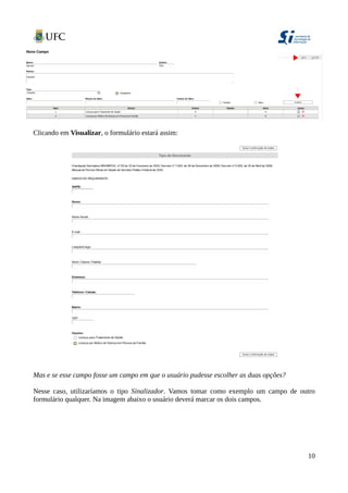Clicando em Visualizar, o formulário estará assim:
Mas e se esse campo fosse um campo em que o usuário pudesse escolher as duas opções?
Nesse caso, utilizaríamos o tipo Sinalizador. Vamos tomar como exemplo um campo de outro
formulário qualquer. Na imagem abaixo o usuário deverá marcar os dois campos.
10
 