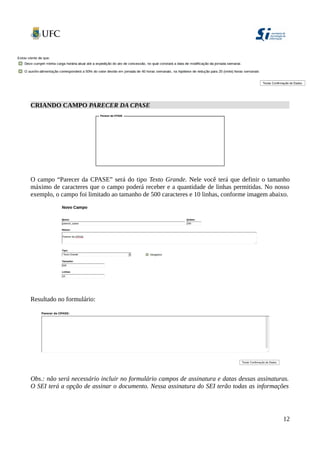 CRIANDO CAMPO PARECER DA CPASE
O campo “Parecer da CPASE” será do tipo Texto Grande. Nele você terá que definir o tamanho
máximo de caracteres que o campo poderá receber e a quantidade de linhas permitidas. No nosso
exemplo, o campo foi limitado ao tamanho de 500 caracteres e 10 linhas, conforme imagem abaixo.
Resultado no formulário:
Obs.: não será necessário incluir no formulário campos de assinatura e datas dessas assinaturas.
O SEI terá a opção de assinar o documento. Nessa assinatura do SEI terão todas as informações
12
 