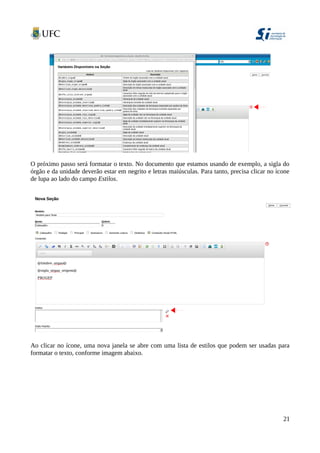 O próximo passo será formatar o texto. No documento que estamos usando de exemplo, a sigla do
órgão e da unidade deverão estar em negrito e letras maiúsculas. Para tanto, precisa clicar no ícone
de lupa ao lado do campo Estilos.
Ao clicar no ícone, uma nova janela se abre com uma lista de estilos que podem ser usadas para
formatar o texto, conforme imagem abaixo.
21
 