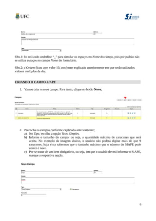 Obs.1: foi utilizado underline “_” para simular os espaços no Nome do campo, pois por padrão não
se utiliza espaços no campo Nome do formulário.
Obs.2: a Ordem ficou com valor 10, conforme explicado anteriormente em que serão utilizados
valores múltiplos de dez.
CRIANDO O CAMPO SIAPE
1. Vamos criar o novo campo. Para tanto, clique no botão Novo;
2. Preencha os campos conforme explicado anteriormente;
a) No Tipo, escolha a opção Texto Simples.
b) Informe o tamanho do campo, ou seja, a quantidade máxima de caracteres que será
aceita. No exemplo da imagem abaixo, o usuário não poderá digitar mais do que 9
caracteres, haja vista sabermos que o tamanho máximo que o número do SIAPE pode
conter é nove.
c) Por se tratar de um item obrigatório, ou seja, em que o usuário deverá informar o SIAPE,
marque a respectiva opção.
6
 