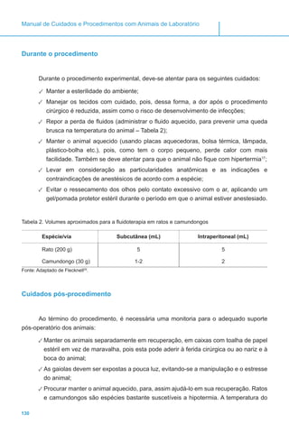 130
Manual de Cuidados e Procedimentos com Animais de Laboratório
Durante o procedimento
Durante o procedimento experimental, deve-se atentar para os seguintes cuidados:
✓✓ Manter a esterilidade do ambiente;
✓✓ Manejar os tecidos com cuidado, pois, dessa forma, a dor após o procedimento
cirúrgico é reduzida, assim como o risco de desenvolvimento de infecções;
✓✓ Repor a perda de fluidos (administrar o fluido aquecido, para prevenir uma queda
brusca na temperatura do animal – Tabela 2);
✓✓ Manter o animal aquecido (usando placas aquecedoras, bolsa térmica, lâmpada,
plástico-bolha etc.), pois, como tem o corpo pequeno, perde calor com mais
facilidade. Também se deve atentar para que o animal não fique com hipertermia17
;
✓✓ Levar em consideração as particularidades anatômicas e as indicações e
contraindicações de anestésicos de acordo com a espécie;
✓✓ Evitar o ressecamento dos olhos pelo contato excessivo com o ar, aplicando um
gel/pomada protetor estéril durante o período em que o animal estiver anestesiado.
Tabela 2. Volumes aproximados para a fluidoterapia em ratos e camundongos
Espécie/via Subcutânea (mL) Intraperitoneal (mL)
Rato (200 g) 5 5
Camundongo (30 g) 1-2 2
Fonte: Adaptado de Flecknell29
.
Cuidados pós-procedimento
Ao término do procedimento, é necessária uma monitoria para o adequado suporte
pós-operatório dos animais:
✓✓ Manter os animais separadamente em recuperação, em caixas com toalha de papel
estéril em vez de maravalha, pois esta pode aderir à ferida cirúrgica ou ao nariz e à
boca do animal;
✓✓ As gaiolas devem ser expostas a pouca luz, evitando-se a manipulação e o estresse
do animal;
✓✓ Procurar manter o animal aquecido, para, assim ajudá-lo em sua recuperação. Ratos
e camundongos são espécies bastante suscetíveis a hipotermia. A temperatura do
 