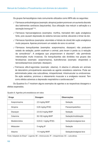 132
Manual de Cuidados e Procedimentos com Animais de Laboratório
Os grupos farmacológicos mais comumente utilizados como MPA são os seguintes:
✓✓ Fármacos anticolinérgicos (exemplo: atropina) podem promover um aumento discreto
dos batimentos cardíacos (taquicardia). Sua utilização visa reduzir a salivação e a
secreção bronquial17,44
.
✓✓ Fármacos hipnoanalgésicos (exemplos: morfina, tramadol) têm ação analgésica
forte, pois causam depressão do sistema nervoso central, elevando o limiar da dor.
✓✓ Fármacos hipnóticos (exemplos: etomidato e hidrato de cloral) têm ação analgésica
muito pequena. Apenas promovem um estado de sono no animal.
✓✓ Fármacos tranquilizantes (exemplos: acepromazina, diazepan) não produzem
estado de sedação, porém acalmam o animal, pois levam à perda ou à redução
da consciência17
. A analgesia que proporcionam é discreta44
, não permitindo
intervenções muito invasivas. Os tranquilizantes são divididos nos grupos das
fenotiazinas (exemplo: acepromazina), butirofenonas (exemplo: droperidol) e
benzodiazepínicos (exemplo: diazepan).
✓✓ Fármacos alfa-2-agonistas (exemplo: xilazina). A xilazina é utilizada em animais
de laboratório principalmente associada ao agente anestésico cetamina. Pode ser
administrada pelas vias subcutânea, intraperitoneal, intramuscular ou endovenosa.
De ação sedativa, promove o relaxamento muscular e a analgesia visceral. Tem
como efeitos adversos a depressão respiratória e cardiovascular37
.
Os Quadros 6 e 7 mostram alguns exemplos de agentes e as respectivas dosagens e
efeitos esperados.
Quadro 6. Agentes pré-anestésicos em ratos
Droga Dosagem Observações
Acepromazina 2,5 mg/kg IM/IP Sedação
Atropina 0,05 mg/kg IP/SC Parassimpatolítico
Diazepan 2,5-5,0 mg/kg IM/IP Sedação
Cetamina 50-100 mg/kg IM/IP Sedação/imobilização
Medetomidine 0,03-0,1 mg/kg IP/SC. Sedação/analgesia leve
Midazolan 5 mg/kg IP Sedação
Xilazina 1-5 mg/kg IM/IP. Sedação/analgesia leve
Fonte: Adaptado de Sharp41
. Legenda: IM – intramuscular, IP – intraperitoneal, SC – subcutânea.
 