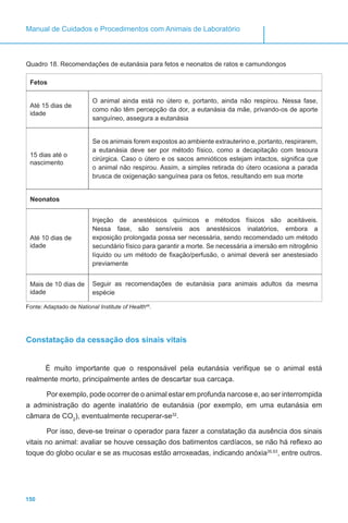 150
Manual de Cuidados e Procedimentos com Animais de Laboratório
Quadro 18. Recomendações de eutanásia para fetos e neonatos de ratos e camundongos
Fetos
Até 15 dias de
idade
O animal ainda está no útero e, portanto, ainda não respirou. Nessa fase,
como não têm percepção da dor, a eutanásia da mãe, privando-os de aporte
sanguíneo, assegura a eutanásia
15 dias até o
nascimento
Se os animais forem expostos ao ambiente extrauterino e, portanto, respirarem,
a eutanásia deve ser por método físico, como a decapitação com tesoura
cirúrgica. Caso o útero e os sacos amnióticos estejam intactos, significa que
o animal não respirou. Assim, a simples retirada do útero ocasiona a parada
brusca de oxigenação sanguínea para os fetos, resultando em sua morte
Neonatos
Até 10 dias de
idade
Injeção de anestésicos químicos e métodos físicos são aceitáveis.
Nessa fase, são sensíveis aos anestésicos inalatórios, embora a
exposição prolongada possa ser necessária, sendo recomendado um método
secundário físico para garantir a morte. Se necessária a imersão em nitrogênio
líquido ou um método de fixação/perfusão, o animal deverá ser anestesiado
previamente
Mais de 10 dias de
idade
Seguir as recomendações de eutanásia para animais adultos da mesma
espécie
Fonte: Adaptado de National Institute of Health49
.
Constatação da cessação dos sinais vitais
É muito importante que o responsável pela eutanásia verifique se o animal está
realmente morto, principalmente antes de descartar sua carcaça.
Por exemplo, pode ocorrer de o animal estar em profunda narcose e, ao ser interrompida
a administração do agente inalatório de eutanásia (por exemplo, em uma eutanásia em
câmara de CO2
), eventualmente recuperar-se32
.
Por isso, deve-se treinar o operador para fazer a constatação da ausência dos sinais
vitais no animal: avaliar se houve cessação dos batimentos cardíacos, se não há reflexo ao
toque do globo ocular e se as mucosas estão arroxeadas, indicando anóxia35,53
, entre outros.
 