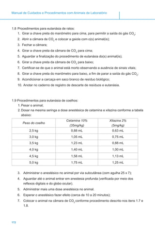 172
Manual de Cuidados e Procedimentos com Animais de Laboratório
1.8	Procedimentos para eutanásia de ratos:
1.	 Girar a chave preta do manômetro para cima, para permitir a saída do gás CO2
;
2.	 Abrir a câmara de CO2
e colocar a gaiola com o(s) animal(is);
3.	 Fechar a câmara;
4.	 Girar a chave preta da câmara de CO2
para cima;
5.	 Aguardar a finalização do procedimento de eutanásia do(s) animal(is);
6.	 Girar a chave preta da câmara de CO2
para baixo;
7.	 Certificar-se de que o animal está morto observando a ausência de sinais vitais;
8.	 Girar a chave preta do manômetro para baixo, a fim de parar a saída do gás CO2
;
9.	 Acondicionar a carcaça em saco branco de resíduo biológico;
10.	Anotar no caderno de registro de descarte de resíduos e eutanásia.
1.9 Procedimentos para eutanásia de coelhos:
1.	Pesar o animal;
2.	Dosar na mesma seringa a dose anestésica de cetamina e xilazina conforme a tabela
abaixo:
Peso do coelho
Cetamina 10%
(35mg/kg)
Xilazina 2%
(5mg/kg)
2,5 kg 0,88 mL 0,63 mL
3,0 kg 1,05 mL 0,75 mL
3,5 kg 1,23 mL 0,88 mL
4,0 kg 1,40 mL 1,00 mL
4,5 kg 1,58 mL 1,13 mL
5,0 kg 1,75 mL 1,25 mL
3.	 Administrar o anestésico no animal por via subcutânea (com agulha 25 x 7);
4.	 Aguardar até o animal entrar em anestesia profunda (verificada por meio dos
reflexos digitais e do globo ocular).
5.	 Administrar mais uma dose anestésica no animal.
6.	 Esperar o anestésico fazer efeito (cerca de 10 a 20 minutos);
7.	 Colocar o animal na câmara de CO2
conforme procedimento descrito nos itens 1.7 e
1.8.
 