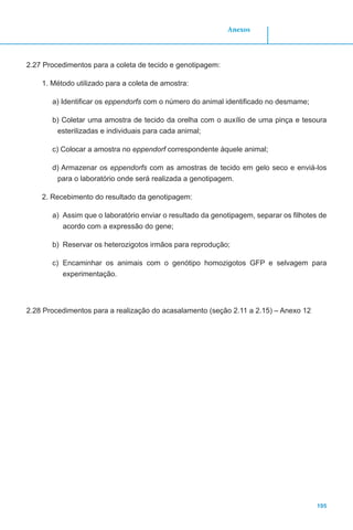 195
Anexos
2.27 Procedimentos para a coleta de tecido e genotipagem:
1. Método utilizado para a coleta de amostra:
a) Identificar os eppendorfs com o número do animal identificado no desmame;
b) Coletar uma amostra de tecido da orelha com o auxílio de uma pinça e tesoura
esterilizadas e individuais para cada animal;
c) Colocar a amostra no eppendorf correspondente àquele animal;
d) Armazenar os eppendorfs com as amostras de tecido em gelo seco e enviá-los
para o laboratório onde será realizada a genotipagem.
2. Recebimento do resultado da genotipagem:
a)	 Assim que o laboratório enviar o resultado da genotipagem, separar os filhotes de
acordo com a expressão do gene;
b)	 Reservar os heterozigotos irmãos para reprodução;
c)	 Encaminhar os animais com o genótipo homozigotos GFP e selvagem para
experimentação.
2.28 Procedimentos para a realização do acasalamento (seção 2.11 a 2.15) – Anexo 12
 