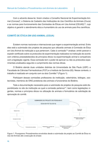 10
Manual de Cuidados e Procedimentos com Animais de Laboratório
Com o advento dessa lei, foram criados o Conselho Nacional de Experimentação Ani-
mal (Concea)6
, o Sistema de Cadastro das Instituições de Uso Científico de Animais (Ciuca)
e as normas para funcionamento das Comissões de Éticas em Uso Animal (CEUAS)7,8
, cujo
objetivo é garantir o atendimento ético e humanitário do uso de animais para fins científicos.
COMITÊ DE ÉTICA EM USO ANIMAL (CEUA)
Existem normas nacionais e internacionais que regem a experimentação animal. Entre
elas está a submissão dos projetos de pesquisa que utilizarão animais à Comissão de Ética
em Uso Animal da instituição a que pertencem. Cabe à comissão7,8
analisar, emitir parecer e
expedir certificado sobre os protocolos de experimentação realizados na instituição de acordo
com critérios preestabelecidos de princípios éticos na experimentação animal e compatíveis
com a legislação vigente. Essa comissão tem o poder de aprovar ou não os protocolos expe-
rimentais analisados segundo o cumprimento das normas éticas.
O Biotério atende duas unidades distintas da Universidade de São Paulo (USP): a
Faculdade de Ciências Farmacêuticas (FCF) e o Instituto de Química (IQ). Nesse contexto, o
trabalho é realizado em conjunto com os dois Comitês7,8
(Figura 1).
Participam dessas comissões professores da instituição, veterinários, biólogos, zoo-
tecnistas, membros de ONG protetoras dos animais e funcionários do Biotério.
Toda a documentação necessária para a submissão de projetos de pesquisa está dis-
ponibilizada no site da instituição ao qual a comissão pertence7,8
, bem como legislações vi-
gentes, normas e princípios éticos na utilização de animais e formulários de solicitação de
aprovação do comitê.
Figura 1. Fluxograma: Procedimentos envolvidos desde a submissão de projeto ao Comitê de Ética no
Uso de Animais até a execução do ensaio
 