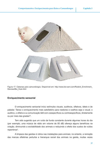 37
Capítulo 3Comportamento e Enriquecimento para Ratos e Camundongos
Figura 17. Cabanas para camundongos. Disponível em: http://www.bio-serv.com/Rodent_Enrichment_
Devices/Bio_Huts.html
Enriquecimento sensorial
O enriquecimento sensorial inclui estímulos visuais, auditivos, olfativos, táteis e de
paladar. Talvez o enriquecimento mais satisfatório para roedores e coelhos seja o visual, o
auditivo, o olfativo e a comunicação tátil com coespecíficos ou contraespecificos, diretamente
ou por meio das grades34
.
Tem sido sugerido que um ruído de fundo constante durante algumas horas do dia
(por exemplo, uma música de rádio em volume de 85 dB) ofereça alguns benefícios na
criação, diminuindo a excitabilidade dos animais e reduzindo o efeito dos sustos de ruídos
repentinos5
.
A limpeza das gaiolas é rotina nas instalações para animais; no entanto, a remoção
das marcas olfatórias perturba a hierarquia social dos animais na gaiola, muitas vezes
 