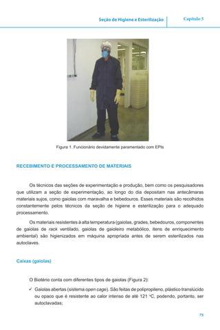 75
Capítulo 5Seção de Higiene e Esterilização
Figura 1. Funcionário devidamente paramentado com EPIs
RECEBIMENTO E PROCESSAMENTO DE MATERIAIS
Os técnicos das seções de experimentação e produção, bem como os pesquisadores
que utilizam a seção de experimentação, ao longo do dia depositam nas antecâmaras
materiais sujos, como gaiolas com maravalha e bebedouros. Esses materiais são recolhidos
constantemente pelos técnicos da seção de higiene e esterilização para o adequado
processamento.
Os materiais resistentes à alta temperatura (gaiolas, grades, bebedouros, componentes
de gaiolas de rack ventilado, gaiolas de gaioleiro metabólico, itens de enriquecimento
ambiental) são higienizados em máquina apropriada antes de serem esterilizados nas
autoclaves.
Caixas (gaiolas)
O Biotério conta com diferentes tipos de gaiolas (Figura 2):
	Gaiolas abertas (sistema open cage). São feitas de polipropileno, plástico translúcido
ou opaco que é resistente ao calor intenso de até 121 o
C, podendo, portanto, ser
autoclavadas;
 