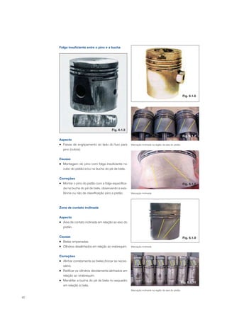 82
Folga insuficiente entre o pino e a bucha
Aspecto
Faixas de engripamento ao lado do furo para
pino (cubos).
Causas
Montagem do pino com folga insuficiente no
cubo do pistão e/ou na bucha do pé de biela.
Correções
Montar o pino do pistão com a folga especifica-
da na bucha do pé de biela, observando a exis-
tência ou não de classificação pino e pistão.
Zona de contato inclinada
Aspecto
Área de contato inclinada em relação ao eixo do
pistão.
Causas
Bielas empenadas.
Cilindros desalinhados em relação ao virabrequim.
Correções
Alinhar corretamente as bielas (trocar se neces-
sário).
Retificar os cilindros devidamente alinhados em
relação ao virabrequim.
Mandrilar a bucha do pé de biela no esquadro
em relação à biela.
Fig. 6.1.5
Fig. 6.1.6
Fig. 6.1.7
Fig. 6.1.8
Fig. 6.1.9
Fig. 6.1.10
Marcação inclinada na região da saia do pistão
Marcação inclinada
Marcação inclinada
Marcação inclinada na região da saia do pistão
 