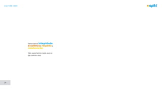 CULTURE CODE
25
Valorizamos integridade,
excelência, respeito e
colaboração.
Não suportamos nada que vá
de contra a isso.
 