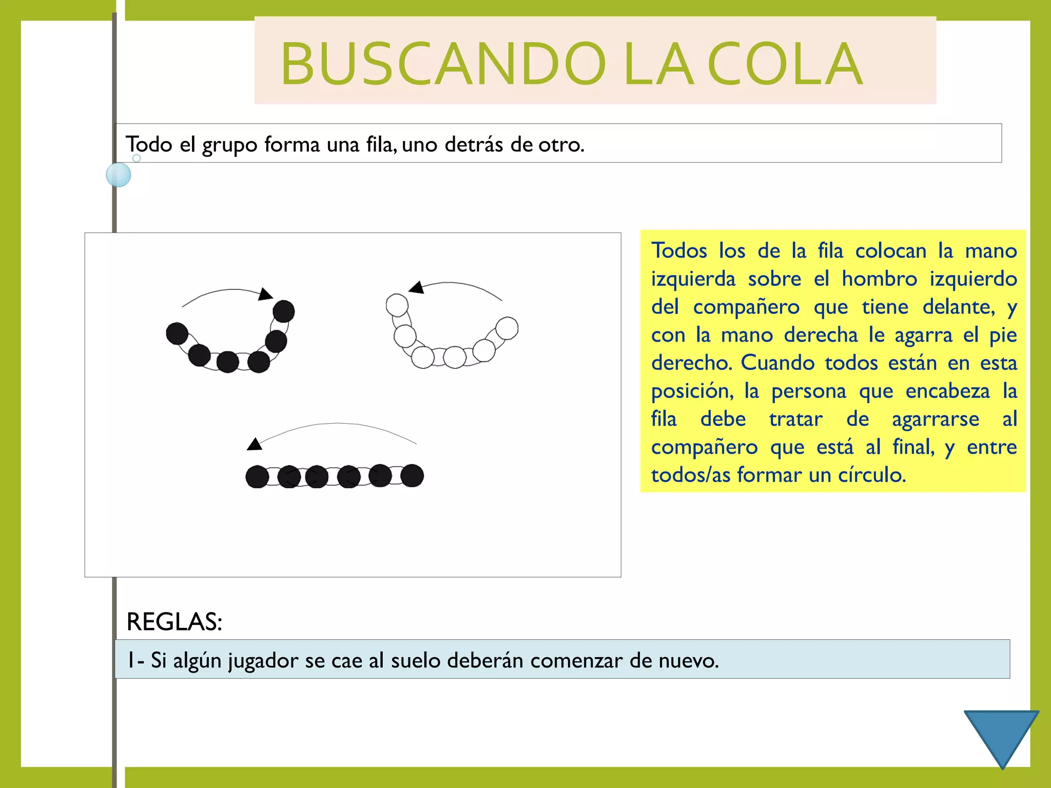 BUSCANDO LACOLA
Todo el grupo forma una fila, uno detrás de otro.
Todos los de la fila colocan la mano
izquierda sobre el hombro izquierdo
del compañero que tiene delante, y
con la mano derecha le agarra el pie
derecho. Cuando todos están en esta
posición, la persona que encabeza la
fila debe tratar de agarrarse al
compañero que está al final, y entre
todos/as formar un círculo.
REGLAS:
1- Si algún jugador se cae al suelo deberán comenzar de nuevo.
 