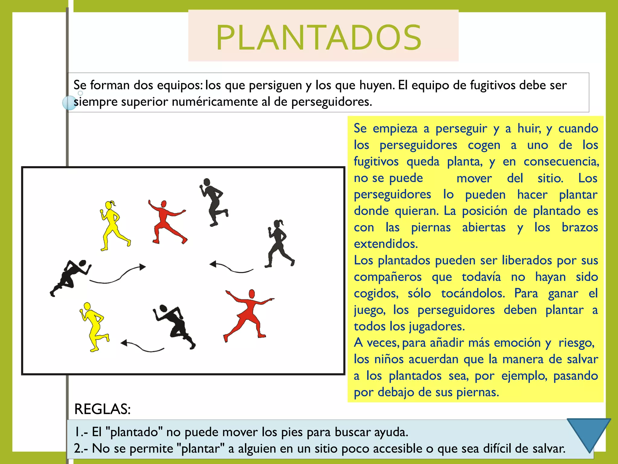 PLANTADOS
Se forman dos equipos: los que persiguen y los que huyen. El equipo de fugitivos debe ser
siempre superior numéricamente al de perseguidores.
Se empieza a perseguir y a huir, y cuando
los perseguidores cogen a uno de los
fugitivos queda planta, y en consecuencia,
no se puede
perseguidores lo
mover del sitio. Los
pueden hacer plantar
donde quieran. La posición de plantado es
con las piernas abiertas y los brazos
extendidos.
Los plantados pueden ser liberados por sus
compañeros que todavía no hayan sido
cogidos, sólo tocándolos. Para ganar el
juego, los perseguidores deben plantar a
todos los jugadores.
A veces, para añadir más emoción y riesgo,
los niños acuerdan que la manera de salvar
a los plantados sea, por ejemplo, pasando
por debajo de sus piernas.
1.- El "plantado" no puede mover los pies para buscar ayuda.
2.- No se permite "plantar" a alguien en un sitio poco accesible o que sea difícil de salvar.
REGLAS:
 