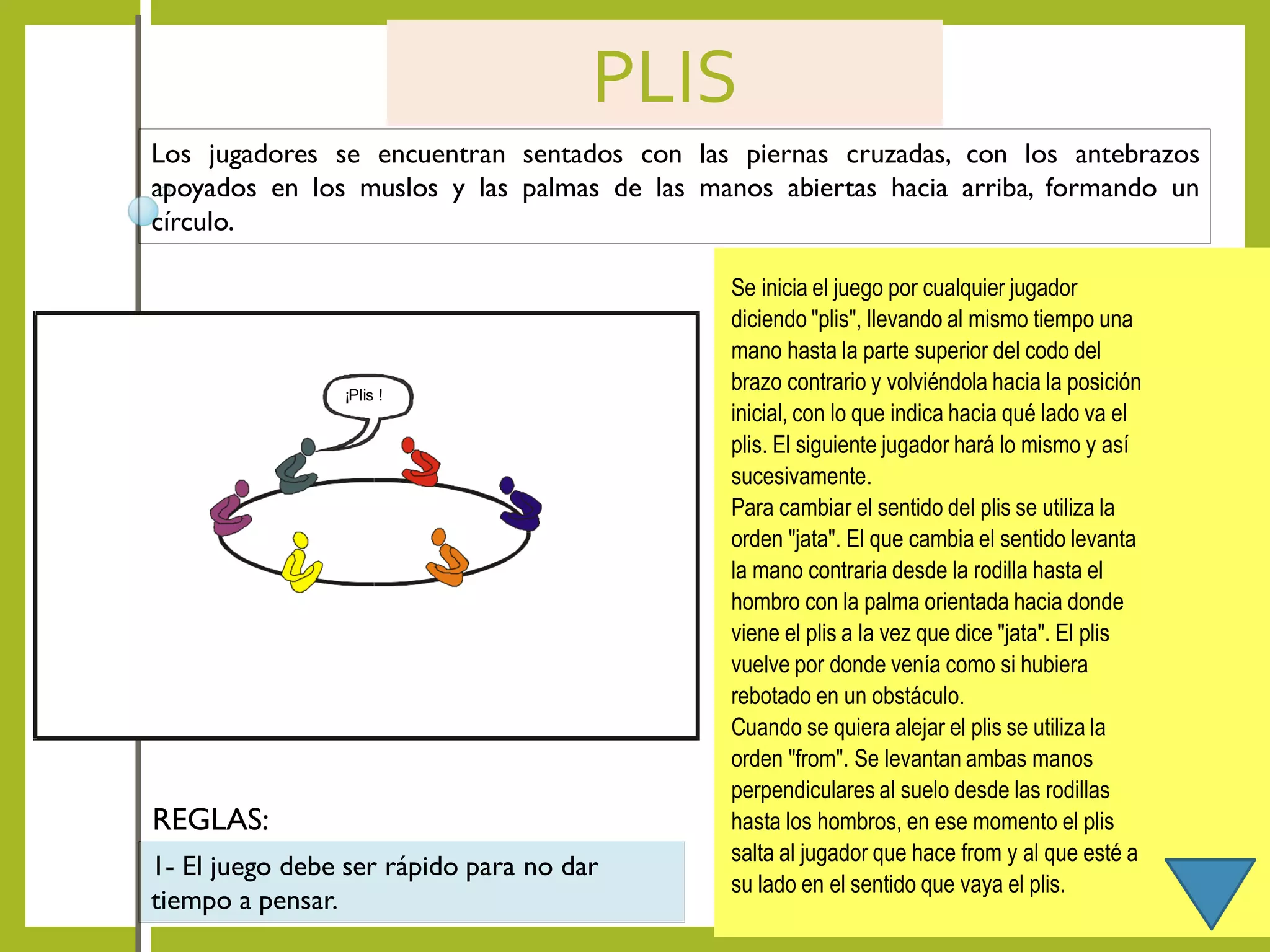 PLIS
Los jugadores se encuentran sentados con las piernas cruzadas, con los antebrazos
apoyados en los muslos y las palmas de las manos abiertas hacia arriba, formando un
círculo.
1- El juego debe ser rápido para no dar
tiempo a pensar.
REGLAS:
¡Plis !
Se inicia el juego por cualquier jugador
diciendo "plis", llevando al mismo tiempo una
mano hasta la parte superior del codo del
brazo contrario y volviéndola hacia la posición
inicial, con lo que indica hacia qué lado va el
plis. El siguiente jugador hará lo mismo y así
sucesivamente.
Para cambiar el sentido del plis se utiliza la
orden "jata". El que cambia el sentido levanta
la mano contraria desde la rodilla hasta el
hombro con la palma orientada hacia donde
viene el plis a la vez que dice "jata". El plis
vuelve por donde venía como si hubiera
rebotado en un obstáculo.
Cuando se quiera alejar el plis se utiliza la
orden "from". Se levantan ambas manos
perpendiculares al suelo desde las rodillas
hasta los hombros, en ese momento el plis
salta al jugador que hace from y al que esté a
su lado en el sentido que vaya el plis.
 