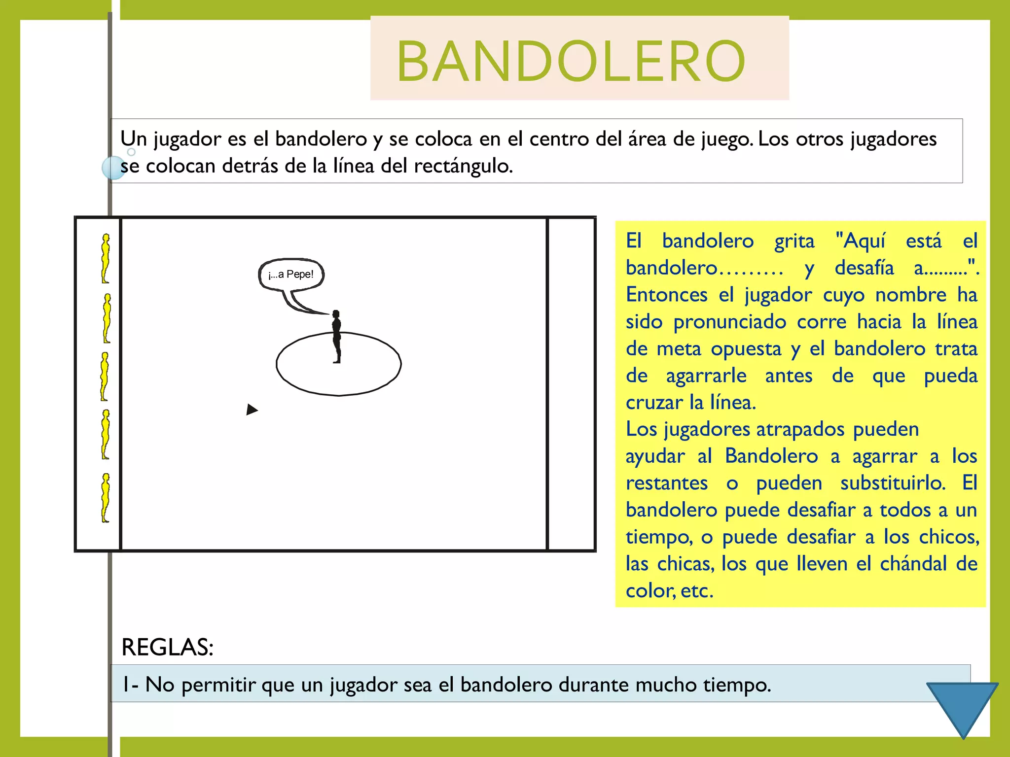 BANDOLERO
Un jugador es el bandolero y se coloca en el centro del área de juego. Los otros jugadores
se colocan detrás de la línea del rectángulo.
El bandolero grita "Aquí está el
bandolero……… y desafía a.........".
Entonces el jugador cuyo nombre ha
sido pronunciado corre hacia la línea
de meta opuesta y el bandolero trata
de agarrarle antes de que pueda
cruzar la línea.
Los jugadores atrapados pueden
ayudar al Bandolero a agarrar a los
restantes o pueden substituirlo. El
bandolero puede desafiar a todos a un
tiempo, o puede desafiar a los chicos,
las chicas, los que lleven el chándal de
color, etc.
1- No permitir que un jugador sea el bandolero durante mucho tiempo.
REGLAS:
¡...a Pepe!
 