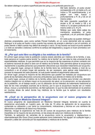 10
Se deben distinguir un plano superficial para los yang y uno profundo para los yin.
Del lado derecho, el pulso anular
corresponde a IG, el medio a E y el
índice a TR superficialmente, y al
palpar con más fuerza o
profundamente a P, B y CS en el
mismo orden.
Del lado izquierdo superficial: el
anular a ID, el medio a VB y el
índice a V y el plano profundo en el
mismo orden a C, H y R.
Nótese que cada dedo palpa los
meridianos acoplados, el yang
superficial y el yin profundo (figura
1.1)
En cada pulso se pueden distinguir
distintas propiedades, pero como señala Floreal Carballo, en un curso elemental sólo se puede
9istinguir si el pulso es fuerte o duro cuando hay exceso de energía o plenitud o por el contrario, el
pulso blando o débil cuando hay déficit de energía o vacío. Si hay exceso se busca el punto sedante
y si éste es sensible o doloroso confirma la certeza del diagnóstico y augura un buen pronóstico con
el tratamiento.
18. ¿Por qué este libro va dirigido a los médicos de la familia?
En primer lugar porque toda la población cubana estará atendida por médicos de la familia, o sea,
toda persona en nuestra patria tendrá "su médico de la familia" por ser ésta la más universal de las
especialidades médicas, lo que permitirá que en la mayoría de las ocasiones el primer contacto con
el sistema nacional de salud lo será con el médico de la familia. Esto permitirá aplicar la acupuntura
rápidamente a aquellas personas que presenten afecciones que necesiten tratamiento por acupuntu-
ra. En segundo lugar, porque el médico de la familia tiene las condiciones ideales a nivel de su
consultorio o en el propio hogar del paciente, de ser necesario, para aplicar este tratamiento y
conocer la respuesta de cada paciente, al cual puede hacerle el seguimiento adecuado.
En tercer lugar, porque la mayoría de las afecciones que pueden ser tratadas por acupuntura son
parte de las llamadas afecciones comunes ambulatorias que atiende el médico de la familia.
En cuarto lugar, porque el médico de la familia utiliza todos los medios para brindar una atención
médica integral con un énfasis mayor en la promoción de salud, en la prevención, en loa educación
de la población, en el trabajo social y con la utilización de los métodos de tratamiento tradicional al
lado de los más complejos avances de la técnica, por lo que la acupuntura resulta ser un medio
eficaz, inocuo y sumamente económico, de fácil aplicación, lo que ha sido demostrado en la práctica
en muchas áreas de salud donde hay médicos de la familia que la aplican con resultados
satisfactorios.
19. ¿Cuál es la perspectiva de la acupuntura con el nuevo programa de
especialidad en Medicina General Integral?
El nuevo programa de especialización en Medicina General Integral, teniendo en cuenta la
experiencia acumulada en nuestro país, de más de 15 años de aplicación de la acupuntura,
contempla su utilización y por tanto su conocimiento, indicaciones y técnica en una veintena de
afecciones o problemas de salud muy frecuentes.
Además, recoge la experiencia de más de 25 cursos de acupuntura para médicos de la familia
impartidos en la mayoría de las provincias, en las áreas de salud con médicos de la familia.
También, la aplicación de variantes de la acupuntura como la acupresión y digitopuntura o
cibernetoterapia (Bui Quoc Chau) puede aplicarse como tratamiento "sin agujas" en cualquier lugar y
situación y debe ser conocida por los especialistas y médicos de la familia.
http://bookmedico.blogspot.com
http://bookmedico.blogspot.com
 