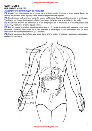 1
CAPITULO 2
MERIDIANOS Y PUNTOS
Meridiano del pulmón (yin de la mano)
P1. En el tórax, lateralmente, en el primer espacio intercostal a 6.cun de la línea media. Punto de
alarma del pulmón, asma aguda y otras, afecciones pulmonares agudas.
P5. En el pliegue del codo por fuera del tendón del bíceps, flexionando ligeramente el antebrazo.
Trastornos nerviosos, dolores precordiales, afecciones de la piel y de la articulación del codo.
P6. En la cara anterior del antebrazo a 7 cun del pliegue de la muñeca y a 5 cun del pliegue del
codo, muy efectivo en el asma aguda (crisis).
P7. Por encima de la apófisis estiloides del radio o a 1,5 cun de la muñeca (2 traveses), trastornos
nerviosos, cefalea y afecciones de la piel, tortícolis y odontalgias. Cupla respiratoria con 6R muy
efectivo en afecciones respiratorias (F. CarbalIo).
P9. En el pliegue de la muñeca, por fuera de la arteria radial, circulación, afecciones vasculares,
oculares e insomnios.
http://bookmedico.blogspot.com
http://bookmedico.blogspot.com
 