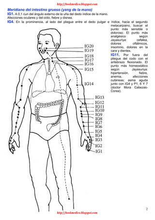 2
Meridiano del intestino grueso (yang de la mano)
IG1. A 0,1 cun del ángulo externo de la uña del dedo índice de la mano.
Afecciones oculares y del oído, fiebre y disnea.
IG4. En la prominencia, al lado del pliegue entre el dedo pulgar e índice, hacia el segundo
metacarpiano, buscar el
punto más sensible o
doloroso. El punto más
analgésico según
Jayasuriya: cefalea,
dolores oftálmicos,
insomnio, dolores en la
cara y dientes.
IG11. Por fuera del
pliegue del codo con el
antebrazo flexionado. El
punto más homeostático
según Jayasuriya:
hipertensión, fiebre,
anemia, afecciones
cutáneas; asma aguda
junto con IG4 y P1, 6 Y 7
(doctor Mora Cabezas-
Corea).
http://bookmedico.blogspot.com
http://bookmedico.blogspot.com
 