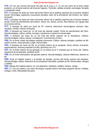 7
V10. 0,5 cun por encima del borde del pelo de la nuca y a 1,3 cun por fuera de la línea media
posterior, en el borde externo del músculo trapecio. Tortícolis, cefalea occipital, cervicalgia, faringitis
y congestión nasal.
V11. 2 traveses de dedo por fuera del borde inferior de la apófisis espinosa de la primera vértebra
dorsal. Cervicalgia, espasmos musculares dorsales, dolor de la articulación del hombro, tos, fiebre,
bronquitis.
V13. 2 traveses de dedo por fuera del borde inferior de la apófisis espinosa de la tercera vértebra
dorsal. Punto de asentimiento del pulmón. Asma, tos, disnea, prurito. Muy efectivo con agujas fijas
en el asma crónica.
V17. 2 traveses de dedo por fuera de D7. Anemia, afecciones hemorrágicas crónicas, hipo,
náuseas, vómitos, disnea, bronquitis.
V23. 2 traveses por fuera de. L2 (al nivel del reborde costal). Punto de asentimiento del riñón.
Sacrolumbalgias, ciática, nefritis, enuresis, impotencia y trastornos menstruales.
V25. 2 traveses por fuera de L4 (al nivel del borde superior de la escotadura. Ciática).
Sacrolumbalgias, ciática, disnea, constipación, incontinencia urinaria.
V40. En el punto medio del pliegue poplíteo transverso. Ciática, dolores dorsales, parálisis de MI,
catarro común, caída del pelo y cejas, hemorroides.
V43. 4 traveses por fuera de D4, en el borde interno de la escápula. Asma crónica, bronquitis,
espermatorrea. Anemia puerperal con B6 y gravídica con V17.
V57. En el límite inferior de los gemelos en el vértice de la V invertida que se forma allí. Ciática,
espasmos de los gemelos, parálisis de MI.
V58. En el límite inferoexteno del gemelo externo. Sacrolumbalgias, dolores oftálmicos, dolores en
MI.
V60. Entre el maléolo externo y el tendón de Aquiles, encima del borde superior del calcáneo.
Sacrolumbalgia, ciática, trastornos de la articulación del tobillo, parálisis en MI, hemorroides, vértigos
y cefalea.
V62. Debajo del maléolo externo, en una depresión. Epilepsia, cefalea, mareos, vértigo.
V67. 0,1 cun por detrás y por fuera del ángulo ungueal externo del dedo pequeño del pie. Cefalea,
vértigos, rinitis, dificultades del parto.
http://bookmedico.blogspot.com
http://bookmedico.blogspot.com
 