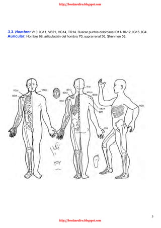 5
3.3. Hombro: V10, IG11, VB21, VG14, TR14. Buscar puntos dolorosos ID11-10-12, IG15, IG4.
Auricular: Hombro 69, articulación del hombro 70, suprarrenal 36, Shenmen 58.
http://bookmedico.blogspot.com
http://bookmedico.blogspot.com
 