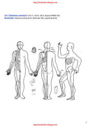 6
3.4. Columna cervical: V10-11, VG14, ID12. Buscar PREP IG4.
Auricular: Columna cervical 44, Shenmen 58 y suprarrenal 36.
http://bookmedico.blogspot.com
http://bookmedico.blogspot.com
 