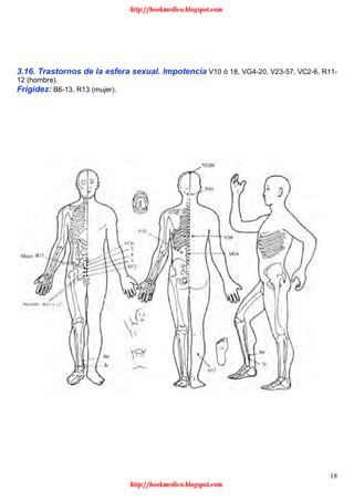 18
3.16. Trastornos de la esfera sexual. Impotencia V10 ó 18, VG4-20, V23-57, VC2-6, R11-
12 (hombre).
Frigidez: B6-13, R13 (mujer).
http://bookmedico.blogspot.com
http://bookmedico.blogspot.com
 