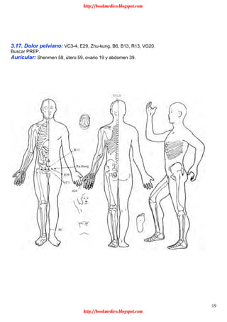 19
3.17. Dolor pelviano: VC3-4, E29, Zhu-kung, B6, B13, R13, VG20.
Buscar PREP.
Auricular: Shenmen 58, útero 59, ovario 19 y abdomen 39.
http://bookmedico.blogspot.com
http://bookmedico.blogspot.com
 