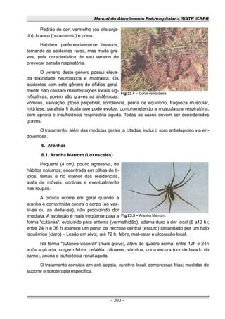 Manual do Atendimento Pré-Hospitalar – SIATE /CBPR
Padrão de cor: vermelho (ou alaranja-
do), branco (ou amarelo) e preto.
Habitam preferencialmente buracos,
tornando os acidentes raros, mas muito gra-
ves, pela característica de seu veneno de
provocar parada respiratória.
O veneno deste gênero possui eleva-
da toxicidade neurotóxica e miotóxica. Os
acidentes com este gênero de ofídios geral-
mente não causam manifestações locais sig-
nificativas, porém são graves as sistêmicas:
vômitos, salivação, ptose palpebral, sonolência, perda de equilíbrio, fraqueza muscular,
midríase, paralisia fi ácida que pode evoluir, comprometendo a musculatura respiratória,
com apnéia e insuficiência respiratória aguda. Todos os casos devem ser considerados
graves.
O tratamento, além das medidas gerais já citadas, inclui o soro antielapídeo via en-
dovenosa.
6. Aranhas
6.1. Aranha Marrom (Loxosceles)
Pequena (4 cm), pouco agressiva, de
hábitos noturnos; encontrada em pilhas de ti-
jolos, telhas e no interior das residências,
atrás de móveis, cortinas e eventualmente
nas roupas.
A picada ocorre em geral quando a
aranha é comprimida contra o corpo (ao ves-
tir-se ou ao deitar-se), não produzindo dor
imediata. A evolução é mais freqüente para a
forma "cutânea", evoluindo para eritema (vermelhidão), edema duro e dor local (6 a12 h);
entre 24 h e 36 h aparece um ponto de necrose central (escuro) circundado por um halo
isquêmico (claro) – Lesão em álvo;; até 72 h, febre, mal-estar e ulceração local.
Na forma "cutâneo-visceral" (mais grave), além do quadro acima, entre 12h e 24h
após a picada, surgem febre, cefaléia, náuseas, vômitos, urina escura (cor de lavado de
carne), anúria e isuficiência renal aguda.
O tratamento consiste em anti-sepsia, curativo local, compressas frias; medidas de
suporte e soroterapia específica.
- 303 -
Fig 23.4 – Coral verdadeira.
Fig 23.5 – Aranha Marrom.
 