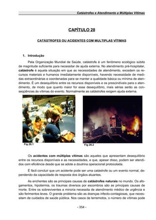 Catástrofes e Atendimento a Múltiplas Vítimas
CAPÍTULO 28
CATÁSTROFES OU ACIDENTES COM MULTIPLAS VÍTIMAS
1. Introdução
Pela Organização Mundial de Saúde, catástrofe é um fenômeno ecológico súbito
de magnitude suficiente para necessitar de ajuda externa. No atendimento pré-hospitalar,
catástrofe é aquela situação em que as necessidades de atendimento, excedem os re-
cursos materiais e humanos imediatamente disponíveis, havendo necessidade de medi-
das extraordinárias e coordenadas para se manter a qualidade básica ou mínima de aten-
dimento. É um desequilíbrio entre os recursos disponíveis e os prescindíveis para o aten-
dimento, de modo que quanto maior for esse desequilíbrio, mais sérias serão as con-
seqüências às vítimas do evento. Normalmente as catástrofes exigem ajuda externa.
Os acidentes com múltiplas vítimas são aqueles que apresentam desequilíbrio
entre os recursos disponíveis e as necessidades, e que, apesar disso, podem ser atendi-
dos com eficiência desde que se adote a doutrina operacional protocolada.
É fácil concluir que um acidente pode ser uma catástrofe ou um evento normal, de-
pendendo da capacidade de resposta dos órgãos atuantes.
As enchentes são as principais causas de catástrofes naturais no mundo. Os afo-
gamentos, hipotermia, os traumas diversos por escombros são as principais causas de
morte. Entre os sobreviventes a minoria necessita de atendimento médico de urgência e
são ferimentos leves. O grande problema são as doenças infecto-contagiosas, que neces-
sitam de cuidados de saúde pública. Nos casos de terremotos, o número de vítimas pode
- 354 -
Fig 28.2Fig 28.1
 