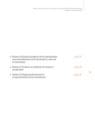 3
Rúbricas de observación de aula para la Evaluación del Desempeño Docente
MANUAL DE APLICACIÓN
d.	Rúbrica4:Evalúaelprogresodelosaprendizajes
pararetroalimentaralosestudiantesyadecuar
suenseñanza
e.	 Rúbrica5:Propiciaunambientederespetoy
proximidad
f.	 Rúbrica6:Regulapositivamenteel
comportamientodelosestudiantes
pág.34
pág.40
pág.46
 