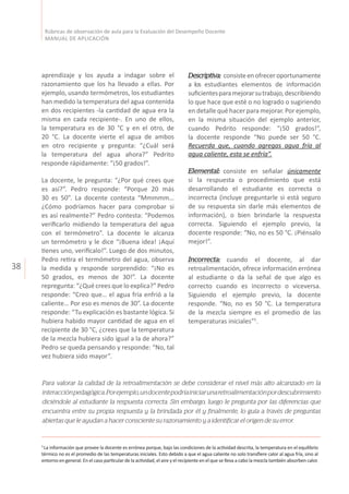 38
Rúbricas de observación de aula para la Evaluación del Desempeño Docente
MANUAL DE APLICACIÓN
aprendizaje y los ayuda a indagar sobre el
razonamiento que los ha llevado a ellas. Por
ejemplo, usando termómetros, los estudiantes
han medido la temperatura del agua contenida
en dos recipientes -la cantidad de agua era la
misma en cada recipiente-. En uno de ellos,
la temperatura es de 30 °C y en el otro, de
20 °C. La docente vierte el agua de ambos
en otro recipiente y pregunta: “¿Cuál será
la temperatura del agua ahora?” Pedrito
responde rápidamente: “¡50 grados!”.
La docente, le pregunta: “¿Por qué crees que
es así?”. Pedro responde: “Porque 20 más
30 es 50”. La docente contesta “Mmmmm…
¿Cómo podríamos hacer para comprobar si
es así realmente?” Pedro contesta: “Podemos
verificarlo midiendo la temperatura del agua
con el termómetro”. La docente le alcanza
un termómetro y le dice “¡Buena idea! ¡Aquí
tienes uno, verifícalo!”. Luego de dos minutos,
Pedro retira el termómetro del agua, observa
la medida y responde sorprendido: “¡No es
50 grados, es menos de 30!”. La docente
repregunta: “¿Qué crees que lo explica?” Pedro
responde: “Creo que… el agua fría enfrió a la
caliente… Por eso es menos de 30”. La docente
responde: “Tu explicación es bastante lógica. Si
hubiera habido mayor cantidad de agua en el
recipiente de 30 °C, ¿crees que la temperatura
de la mezcla hubiera sido igual a la de ahora?”
Pedro se queda pensando y responde: “No, tal
vez hubiera sido mayor”.
5
La información que provee la docente es errónea porque, bajo las condiciones de la actividad descrita, la temperatura en el equilibrio
térmico no es el promedio de las temperaturas iniciales. Esto debido a que el agua caliente no solo transfiere calor al agua fría, sino al
entorno en general. En el caso particular de la actividad, el aire y el recipiente en el que se lleva a cabo la mezcla también absorben calor.
Descriptiva: consisteenofreceroportunamente
a los estudiantes elementos de información
suficientesparamejorarsutrabajo,describiendo
lo que hace que esté o no logrado o sugiriendo
en detalle qué hacer para mejorar. Por ejemplo,
en la misma situación del ejemplo anterior,
cuando Pedrito responde: “¡50 grados!”,
la docente responde “No puede ser 50 °C.
Recuerda que, cuando agregas agua fría al
agua caliente, esta se enfría”.
Elemental: consiste en señalar únicamente
si la respuesta o procedimiento que está
desarrollando el estudiante es correcta o
incorrecta (incluye preguntarle si está seguro
de su respuesta sin darle más elementos de
información), o bien brindarle la respuesta
correcta. Siguiendo el ejemplo previo, la
docente responde: “No, no es 50 °C. ¡Piénsalo
mejor!”.
Incorrecta: cuando el docente, al dar
retroalimentación, ofrece información errónea
al estudiante o da la señal de que algo es
correcto cuando es incorrecto o viceversa.
Siguiendo el ejemplo previo, la docente
responde. “No, no es 50 °C. La temperatura
de la mezcla siempre es el promedio de las
temperaturas iniciales”5
.
Para valorar la calidad de la retroalimentación se debe considerar el nivel más alto alcanzado en la
interacciónpedagógica.Porejemplo,undocentepodríainiciarunaretroalimentaciónpordescubrimiento
diciéndole al estudiante la respuesta correcta. Sin embargo, luego le pregunta por las diferencias que
encuentra entre su propia respuesta y la brindada por él y finalmente, lo guía a través de preguntas
abiertas que le ayudan a hacer consciente su razonamiento y a identificar el origen de su error.
 