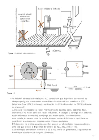 1724
1kΩ
50kΩ (piso)
127V
I 1kΩ
50kΩ
I = 127V
(1000 + 50000)Ω
= 2,5 mA
I
127V
Figura 14
R ≥ 50kΩ
não conectar à tomada
não introduzir
elementos
condutores
estranhos
Figura 13 - Locais não condutores.
• os mesmos estudos realizados pela IEC concluíram que as pessoas estão livres de
choques perigosos se estiverem submetidas a tensões elétricas inferiores a 50V
(alternados) ou 120V (contínuos), na situação 1 e 25V (alternados) ou 60V (contínuos),
na situação 2.
A situação 1 corresponde a locais "normais" como quartos, salas, cozinhas, lojas,
escritórios e na maior parte dos locais industriais. A situação 2 abrange áreas externas,
locais molhados (banheiros), campings, etc. Assim sendo, se alimentarmos
uma instalação (ou um setor da instalação) com tensões inferiores às mencionadas
garantimos a proteção das pessoas contra choques perigosos.
Infelizmente, na prática, poucos aparelhos podem ser alimentados nessas condições,
uma vez que o usual é dispormos de tensões de 127, 220, 380 e 440V.
A alimentação em tensões inferiores a 50 e 25V limita-se, geralmente, a aparelhos de
iluminação subaquáticos e alguns comandos;
c) Utilização de sistema de aterramento radial de “ponto único”;
d) Utilização da Malha de Terra de Referência (M.T.R.), também designada
“Signal Referente Grid” (S.R.G.).
9.4.2 - Utilização do sistema de aterramento de força
O sistema de aterramento para os equipamentos de força já é bem conhecido,
com longo tempo de utilização e desenvolvimento, funcionando com ótimos resultados
quando bem projetado. Então por que não utilizá-lo também para os equipamentos
eletrônicos?
Este raciocínio natural foi posto em prática quando se começou a utilização dos
equipamentos eletrônicos em larga escala (início dos anos 70) e foi um redundante
fracasso...
As malhas de terra para os equipametos de força são completamente
inadequadas para equipamentos sensíveis, já que, em regime normal, costumam ser
percorridas por correntes de várias origens, denominadas espúrias (provocadas por
correntes anódicas/catódicas, correntes de circulação de neutro, induções
eletromagnéticas diversas, etc).
Em regime transitório (curtos-circuitos para a terra, descargas atmosféricas, etc),
estas correntes podem ser extremamente elevadas. Daí, verificamos que a malha de
potencial fixo, inalterável, necessária aos equipamentos eletrônicos sensíveis, não é
a malha projetada para os sistemas de força.
9.4.3 - Utilização de sistema de aterramento isolado
Descoberta a inadequabilidade das malhas de força para os equipamentos
eletrônicos, o passo seguinte foi estabelecer uma malha de terra “isolada”,
independente, para os equipamentos em questão.
Esta malha, embora tenha tido algum sucesso, pois efetivamente controla
alguns aspectos negativos da malha de força (principalmente reduz as correntes
espúrias que percorrem as mesmas), apresenta alguns incovenientes, a saber:
• o aterramento da carcaça (ou invólucro metálico do painel suporte dos
equipamentos) não é equalizado com o aterramento dos equipamentos
eletrônicos;
• projetar uma malha de terra “isolada” da malha de força é uma tarefa
altamente inglória e discutível, pois o solo, ainda que seja de elevada
resistividade, é condutor. Assim, existe um acoplamento resistivo (para
baixas freqüências) e capacitivo (para altas freqüências) entre os dois
sistemas considerados “isolados”;
• não tendo sofrido alteração na sua geometria, a malha apresenta ainda
deficiências construtivas como condutores longos, incapazes de equalizar
altas freqüências e principalmente “loops” (malhas fechadas) características
das malhas industriais.
 