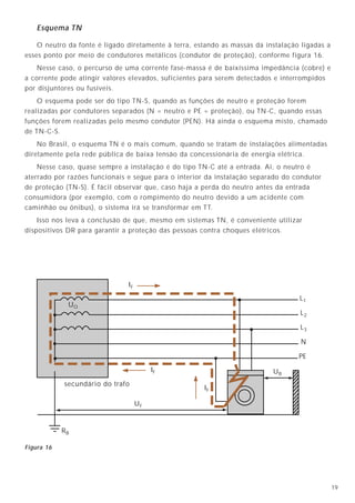 1922
Esquema TN
O neutro da fonte é ligado diretamente à terra, estando as massas da instalação ligadas a
esses ponto por meio de condutores metálicos (condutor de proteção), conforme figura 16.
Nesse caso, o percurso de uma corrente fase-massa é de baixíssima impedância (cobre) e
a corrente pode atingir valores elevados, suficientes para serem detectados e interrompidos
por disjuntores ou fusíveis.
O esquema pode ser do tipo TN-S, quando as funções de neutro e proteção forem
realizadas por condutores separados (N = neutro e PE = proteção), ou TN-C, quando essas
funções forem realizadas pelo mesmo condutor (PEN). Há ainda o esquema misto, chamado
de TN-C-S.
No Brasil, o esquema TN é o mais comum, quando se tratam de instalações alimentadas
diretamente pela rede pública de baixa tensão da concessionária de energia elétrica.
Nesse caso, quase sempre a instalação é do tipo TN-C até a entrada. Aí, o neutro é
aterrado por razões funcionais e segue para o interior da instalação separado do condutor
de proteção (TN-S). É fácil observar que, caso haja a perda do neutro antes da entrada
consumidora (por exemplo, com o rompimento do neutro devido a um acidente com
caminhão ou ônibus), o sistema irá se transformar em TT.
Isso nos leva a conclusão de que, mesmo em sistemas TN, é conveniente utilizar
dispositivos DR para garantir a proteção das pessoas contra choques elétricos.
RB
IF
UF
UB
IF
IF
L1
L2
L3
N
PE
secundário do trafo
UO
Figura 16
9.3 - Proteção contra sobretensões
Todas as vezes que ocorrem chaveamentos dos circuitos ou de cargas nas instalações
elétricas, elas ficam sujeitas à sobretensões. Também quando caem raios diretamente ou
nas vizinhanças das redes elétricas, são geradas sobretensões no sistema de alimentação.
Essas sobretensões, quando ultrapassam os limites suportáveis pelos equipamentos,
podem danificá-los. Isso significa a perda de aparelhos eletrônicos sensíveis, seus
programas, a comunicação entre sistemas, enfim, prejuízos diretos e indiretos de grande
monta.
Para proteger as instalações elétricas e seus componentes contra os danos provocados
por sobretensões, são empregados diversos tipos de dispositivos como: centelhadores a gás,
centelhadores a ar, varistores, diodos especiais e pára-raios de linha. Todos têm em comum
o fato de "desviarem" do circuito de alimentação o excesso de tensão que poderia provocar
o dano na instalação. Esse "desvio" utiliza sempre o sistema de aterramento como caminho
preferencial.
Cada tipo de dispositivo contra sobretensões possui suas vantagens e desvantagens e são
recomendados mais para uma certa aplicação do que para outra. Conhecer em detalhes os
funcionamentos e características de cada um deles é fundamental para a escolha adequada
do dispositivo. Para tanto, consultar os dados dos fabricantes é essencial, além da literatura
disponível sobre o assunto [2].
A figura 19 mostra o esquema de ligação de alguns protetores contra sobretensão.
Como regra geral, todos os aparelhos eletrônicos devem ter suas massas ligadas ao
condutor de proteção e devem ser protegidos por dispositivos contra sobretensão.
Os terminais "terra" desses protetores devem ser ligados ao condutor de proteção dos
circuitos. Na entrada da instalação de força, deve ser instalado um pára-raios de linha de
baixa tensão entre cada condutor vivo (fases e neutro) e o TAP.
Protetor contra sobretensão
F
N
PE
Protetor contra
sobretensões
TAP
F
F
F
F
N
N
Dispositivo de
seccionamento
Figura 19A
Proteção contra sobretensão
junto do equipamento.
Figura 19B
Proteção geral contra
sobretensões na entrada
da instalação.
 