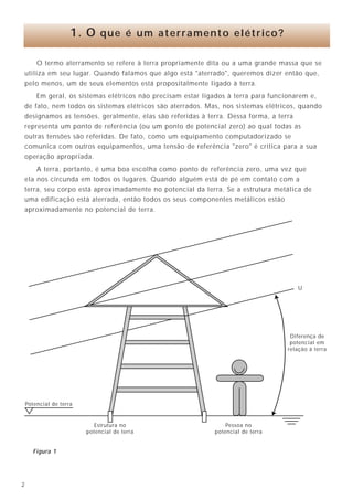 392
O termo aterramento se refere à terra propriamente dita ou a uma grande massa que se
utiliza em seu lugar. Quando falamos que algo está "aterrado", queremos dizer então que,
pelo menos, um de seus elementos está propositalmente ligado à terra.
Em geral, os sistemas elétricos não precisam estar ligados à terra para funcionarem e,
de fato, nem todos os sistemas elétricos são aterrados. Mas, nos sistemas elétricos, quando
designamos as tensões, geralmente, elas são referidas à terra. Dessa forma, a terra
representa um ponto de referência (ou um ponto de potencial zero) ao qual todas as
outras tensões são referidas. De fato, como um equipamento computadorizado se
comunica com outros equipamentos, uma tensão de referência "zero" é crítica para a sua
operação apropriada.
A terra, portanto, é uma boa escolha como ponto de referência zero, uma vez que
ela nos circunda em todos os lugares. Quando alguém está de pé em contato com a
terra, seu corpo está aproximadamente no potencial da terra. Se a estrutura metálica de
uma edificação está aterrada, então todos os seus componentes metálicos estão
aproximadamente no potencial de terra.
1. O que é um aterramento elétrico?
Potencial de terra
Diferença de
potencial em
relação à terra
Estrutura no
potencial de terra
Pessoa no
potencial de terra
U
Figura 1
[1] " Sistemas de aterramento para equipamentos eletrônicos sensíveis"
Paulo Fernandes Costa, 1998
[2] " Proteção contra descargas atmosféricas" , 3ª edição, 1997
Duílio Moreira Leite e Carlos Moreira Leite
Officina de Mydia
[3] " IEEE Recommended Practice for Grounding of Industrial and Commercial
Power Systems"
“IEEE Std 142-1991 - Institute of Electrical and Electronics Engineers”, Inc.
[4] "IEEE Recommended Practice for Powering and Grounding Sensitive Eletronic
Equipment”
“IEEE Std 1100-1992 - Institute of Electrical and Electronics Engineers”, Inc.
[5] "Técnicas de aterramentos elétricos"
Duílio Moreira Leite e Carlos Moreira Leite
Officina de Mydia, 2ª edição, 1996
[6] " A compatibilidade eletromagnética"
Ara Kouyoumdjian, Roland Calvas, Jacques Delaballe
MM Editora/Groupe Schneider, 1998
[7] " Proteção das pessoas contra choques elétricos"
BTicino/Pirelli, 1989
[8] " NBR 5410/1997 - Instalações elétricas de baixa tensão"
Associação Brasileira de Normas Técnicas, 1997
[9] " NBR 5419/1993 - Proteção das estruturas contra descargas atmosféricas"
Associação Brasileira de Normas Técnicas, 1993
[10] " A power quality primer"
CDA - Copper Development Association Inc., USA, 1998
[11] “ Características e evolução dos sistemas de aterramento para equipamentos
eletrônicos”
Revista Eletricidade Moderna, maio, 1992
Paulo Fernandes Costa
[12] “ Grounding for the Control of E.M.T.”
Denny H. G., 1983
[13] “ Transient system analysis on a personal computer”
John Wiley E. Sons
El Chenaver C., 1988
[14] “Grounding and Shielding in Facilities”
John Wiley E. Sons
Morrison R., 1990
[15] “ Grounding and Shielding Techniques in Instrumentation”
John Wiley E. Sons
Morrison R., 1986
[16] “ Lightining and Lightining Protection”
Hart W. C., 1988
[17] “ Computer Business Equipment Manufactures Association”
A Curva CBEMA - CBEMA
11. BIBLIOGRAFIA
 