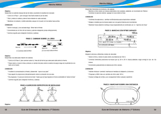 Guía del Entrenador de Atletismo (1ª Edición) Guía del Entrenador de Atletismo (1ª Edición)58 59
Marcha Atlética
Marcha Atlética
Objetivo
Desarrollar un potente empuje del pie de atrás y aumentar la amplitud de zancada.
* Como en el Paso 1, pero empujar más fuerte desde el pie de atrás.
* Girar y estirar la cadera y pierna hacia delante en cada zancada.
* Mantener el contacto y rodilla extendida, apoyar en el suelo con los dedos hacia arriba.
CONSEJOS
* Sentir el empuje y una zancada larga. -Mirar bien al frente.
* Concentrarse en el ritmo de los brazos y piernas trabajando juntas enérgicamente.
* Caminar erguido pero relajando hombros y caderas.	
PASO 3 CAMINAR SOBRE LA LÍNEA
Objetivo
Desarrollar una adecuada rotación de caderas
* Como en el Paso 2, pero caminar sobre la línea de tal forma que cada paso esté sobre la misma.
* Pasar sobre y cruzar la línea, produce un cambio del peso sobre la cadera de apoyo luego de la pérdida de con-
tacto con el suelo.
CONSEJOS
* Focalizar la concentración al frente y desarrollar “ojos en sus pies”.
* Que alguien le proporcione retroalimentación sobre la ubicación de sus pies.
* No progresar a “cruzar por encima de la línea” hasta que se haya logrado en forma confortable el “sobre la línea”.
* Caminar erguido pero relajando hombros y caderas.
PASO 4 EJERCICIOS ESPECÍFICOS DE MOVILIDAD
Objetivo
Desarrollar flexibilidad de hombros y de caderas
* Marchar a ritmo medio con brazos extendidos a los costados, adelante, en movimiento de “Molino’:
* Combinar el ejercicio anterior, agregar el cruce sobre la línea.
CONSEJOS
* Combinar los ejercicios y cambiar combinaciones para proporcionar variedad.
* Relajar a medida que los brazos pasen por una gama dinámica de movimientos.
* Mantener hacia delante el enfoque visual especialmente al combinado con el “ejercicio de línea”
PASO 5 MARCHA CON RITMO VARIADO
Objetivo
Adaptar la técnica a diferentes niveles de velocidad.
* Variar el ritmo y marcar el paso sobre una distancia de 100 m.
* Combinar dherentes posiciones de brazos (por ej: 20 m.-30 m. brazos adelante, luego corregir el uso de los
brazos.
* Incrementar gradualmente la distancia de ritmo variado.
CONSEJOS
* Intentar introducir ‘cambios’ mientras se mantiene la relajación y la técnica.
* Progresar a 400m más con cambios de ritmo cada 100 m.
* Evaluar la fatiga de la tibia y por consiguiente limitar cualquier repetición.
PASO 6 MARCHAR SOBRE UNA DISTANCIA
 