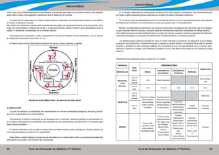 Guía del Entrenador de Atletismo (1ª Edición) Guía del Entrenador de Atletismo (1ª Edición)68 69
Marcha Atlética
Marcha Atlética
cicios, junto con los Multilanzamientos y los Multisaltos, nos servirán para mejorar los niveles de fuerza y más adelante
poder utilizar medios más exigentes y específicos para el desarrollo de la fuerza.
Los ejercicios de carga natural son todos aquellos ejercicios realizados con el propio peso corporal y cuyo objetivo
es mejorar la eficiencia muscular.
Esta mejora de la eficiencia muscular está fundamentalmente ligada a la capacidad de fuerza y a la coordinación, pero
según las características y matices que se den a la ejecución también pueden intervenir otras capacidades como la
rapidez, la resistencia, la elasticidad y/o la movilidad articular.
Estos ejercicios los llevaremos a cabo normalmente en circuitos de alrededor de diez estaciones y con un número
de repeticiones que puede oscilar entre 10 y 20.
Al diseñar estos circuitos alternaremos ejercicios de piernas, brazos, abdomen y espalda.
Ejemplo de circuito (Miguel Velez) con ejercicios de carga natural
PLANIFICACIÓN
El punto de partida en la planificación del entrenamiento es el de las necesidades fisiológicas, técnicas y psicoló-
gicas de la especialidad de la marcha atlética.
Para alcanzar el máximo rendimiento de las facultades de un marchador, debemos planificar el entrenamiento no
en la mejora continuada de su rendimiento, sino pensando en las características que debe tener un marchador para
lograr buenos resultados.
El máximo rendimiento solo se logra si el atleta tiene unos determinados niveles fisiológicos y técnicos además de
unas dotes psicológicas acordes con su especialidad.
Estas dotes se deben trabajar a lo largo de una vida atlética en un determinado orden y en proporciones diferentes
dependiendo de la edad o del momento de la temporada.
Si, en cambio, planificamos el entrenamiento tomando como único objetivo el rendimiento, nos encontraremos que
a la larga el atleta presentará graves carencias que limitarán los buenos resultados deportivos.
En la marcha, esto es especialmente grave si los niveles de técnica no son lo suficientemente altos pues además
de limitamos el rendimiento nos enfrentamos a errores que pueden llevar a la descalificación.
Además, una especialización temprana, nos conduce a sobrevalorar las aptitudes del marchador que ha conseguido
un gran resultado deportivo gracias a una gran carga de entrenamiento específico olvidándose del trabajo genérico.
Estos éxitos tempranos sin base suficiente tienen el peligro de acarrear, cuando se reduce la capacidad de prestación,
problemas psicológicos y de rechazo del atleta debido fundamentalmente a una falta de madurez.
Los atletas jóvenes utilizan la competición como un medio más para su formación. Es importante que los atletas,
aunque por sus condiciones o simplemente porque lo desean se quieran dedicar a la disciplina de la marcha, también
entrenen y compitan en otras disciplinas atléticas. En el momento que se van especializando con la marcha, recor-
taremos el número de pruebas, para finalmente quedarse con las más afines como puede ser las carreras de larga
distancia.
Planificación de la temporada para un atleta de 13 a 14 años
PERÍODOS
FASE
EDAD
PREPARATORIO
COMPETITIVO
MESOCICLOS INICIAL
FUNDAMENTAL
EXTTENSIVO
FUNDAMENTAL
INTENSIVO
ESPECIAL
Microciclos
nº de
Semanas
12 a 14
años o
iniciación
4 a 8 Resto Temporada
Toda la Tempo-
rada
14 a 17
años
4 a 6 10 a 12 4 a 6 2 a 4 2 a 4
OBJETIVOS
12 a 14
años o
iniciación
Retomar el trabajo,
paliar insuficien-
cias detectadas
anterior período
competitivo
Acondicionamiento
físico general pre-
dominio capacidad
aeróbica desarro-
llo de la técnica
Motivación
14 a 17
años
Predominio
potencia aeróbica
mantenimiento
niveles técnicos
alcanzados
Calidad
especificidad
Aprender
a competir
MEDIOS
Carrera contí-
nua suave. inicio
fuerza general.
Movilidad articular
Carreras: series
Potencia aeróbica
(PA), playa, cues-
tas, arrastres.
Marcha: Ritmo
Técnica
Fuerza general
Fuerza Dirigida
Carreras:
Calentamiento
Regeneración
Marcha: Ritmo I,
ritmo II, ritmo III
Potencia aeró-
bica
Técnica
Fuerza Dirigida
Fuerza específica
Carreras:
Calentamiento
Regeneración
Marcha: Ritmo
I,
ritmo II, ritmo
III
Fuerza general
Competir
 