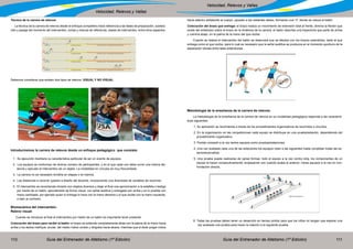 Guía del Entrenador de Atletismo (1ª Edición) Guía del Entrenador de Atletismo (1ª Edición)110 111
Velocidad, Relevos y Vallas
Velocidad, Relevos y Vallas
Técnica de la carrera de relevos:
La técnica de la carrera de relevos desde el enfoque competitivo hace referencia a las fases de preparación, acelera-
ción y pasaje del momento del intercambio, zonas y marcas de referencia, clases de intercambio, entre otros aspectos.
Debemos considerar que existen dos tipos de relevos: VISUAL Y NO VISUAL
Introduciremos la carrera de relevos desde un enfoque pedagógico que consiste:
1. Su ejecución mantiene su característica particular de ser un evento de equipos.
2. Los equipos se conforman de diverso número de participantes, y en el que cada uno debe correr una misma dis-
tancia y ejecutar el intercambio de un objeto. La modalidad en círculos es muy frecuentada.
3. La carrera no es necesario dividirla en etapas o en tramos.
4. Las distancias a recorrer quedan a diseño del docente, incorporando una diversidad de variables de recorrido.
5. El intercambio se recomienda iniciarlo con objetos diversos y dejar al final una aproximación a la estafeta o testigo
por medio de un batón, ejecutándolo de forma visual, con señal auditiva y entregado por arriba y en lo posible con
mano cambiada, por ejemplo quien lo entrega lo hace con la mano derecha y el que recibe con la mano izquierda,
o bien al contrario.
Biomecánica del intercambio:
Relevo visual:
Cuando se introduce al final el intercambio por medio de un batón es importante tener presente:
Colocación del brazo para recibir el batón: el brazo se extiende completamente atrás con la palma de la mano hacia
arriba y los dedos meñique, anular, del medio índice unidos y dirigidos hacia afuera, mientras que el dedo pulgar indica
hacia adentro señalando al cuerpo, opuesto a los restantes dedos, formando una “V” donde se coloca el batón.
Colocación del brazo que entrega: el brazo realiza un movimiento de extensión total al frente, elimina la flexión que
existe del antebrazo sobre el brazo en la dinámica de la carrera, el batón describe una trayectoria que parte de arriba
y culmina abajo, en la palma de la mano del que recibe.
Cuando se realiza el intercambio del batón se observará que se efectúe con los brazos extendidos, tanto el que
entrega como el que recibe, para lo cual es necesario que la señal auditiva se produzca en el momento oportuno de la
separación idónea entre tales extensiones.
Metodología de la enseñanza de la carrera de relevos:
La metodología de la enseñanza de la carrera de relevos en su modalidad pedagógica responde a las caracterís-
ticas siguientes:
1. Su aplicación se recomienda a través de los procedimientos organizativos de recorridos o circuitos.
2. En la organización en las competiciones cada equipo se distribuye en una prueba/estación, dependiendo del
procedimiento organizativo.
3. Podrán competir a la vez tantos equipos como pruebas/estaciones.
4. Una vez acabada cada una de las estaciones los equipos rotan a las siguientes hasta completar todas las es-
taciones/pruebas.
5. Una prueba puede realizarse de varias formas: todo el equipo a la vez contra reloj, los componentes de un
equipo la hacen consecutivamente, empezando uno cuando acaba el anterior, varios equipos a la vez en con-
frontación directa.
6. Todas las pruebas deben tener un desarrollo en tiempo similar para que los niños no tengan que esperar una
vez acabada una prueba para hacer la rotación a la siguiente prueba.
 
