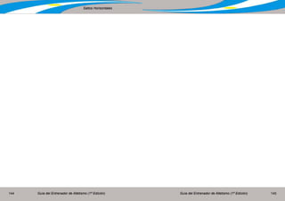Guía del Entrenador de Atletismo (1ª Edición) Guía del Entrenador de Atletismo (1ª Edición)144 145
Saltos Horizontales
Los saltos sobre marcas se utilizan según la necesidad para crear una relación correcta entre las partes componen-
tes del salto. Las marcas para el “brinco” y el “paso” se colocan en correspondencia con las posibilidades del saltador.
La mayor atención se presta al aumento de la longitud del “paso”. Con esto es importante recordar que la longitud
del “paso”, depende de la correcta ejecución del “brinco”, y en particular de la preparación de la caída del mismo. Para
determinar la longitud óptima del “brinco” y del “paso” lo recomendable es calcular las posibilidades de distancia que
el atleta puede saltar y calcular el 35% para el “brinco” y el 30% para el “salto”.
Ejemplo: si un atleta iniciante pensamos que tiene la capacidad de saltar 12 metros, el 35% de esa distancia es 4,20
metros y el 30% es 3,60 metros, en consecuencia la marca de caída del “brinco” la ubicaremos a 4,20 de la tabla, y la
marca de caída del “paso”, la ubicaremos a 3,60 metros más adelante. Esto simplemente como marcas referenciales
y las iremos moviendo según las mejorías paulatinas del atleta.
Para determinar la longitud exacta de la carrera de impulso media, utilizaremos el mismo sistema que describi-
mos para el salto en largo; es decir que el atleta realice una carrera inversa: que salga desde la tabla de despegue y
nosotros nos ubicaremos del lado opuesto y contaremos 7 a 9 apoyos y ahí marcaremos su marca de salida. Esto lo
confirmaremos realizando una carrera desde esa marca y haremos los reajustes necesarios.
Otra forma utilizada es calcular que los atletas iniciantes utilizan 6 o 7 pies por cada zancada de carrera, y los atletas
de mayor nivel 7 a 8 pies por cada zancada de carrera.
Tarea N° 8
Perfeccionamiento de la técnica de la carrera de aproximación y del salto
Ejercicios:
* Recorrido de la carrera de impulso completa (de 16 a 18 pasos de carrera), en la corredera de saltos.
* Brinco con carrera de impulso completa, cayendo en el cajón de arena sobre la misma pierna con desplaza-
miento hacia adelante.
* Salto triple con carrera de impulso completa
* Participación en competencias de salto triple
Indicaciones metodológicas:
Al principio, la carrera de aproximación no debe ser mayor de 14 a 16 pasos de carrera. Su longitud se establece
del mismo modo que fue descrita anteriormente. Es muy importante repetir esta carrera a fines de grabar los aspectos
de la misma y se sugiere hacer la misma realizando el “brinco” y cayendo en el cajón de arena.
 