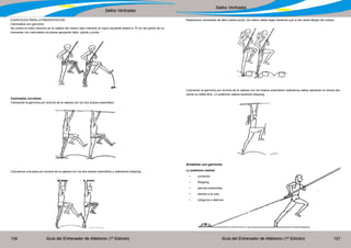 Guía del Entrenador de Atletismo (1ª Edición) Guía del Entrenador de Atletismo (1ª Edición)156 157
Saltos Verticales
Saltos Verticales
EJERCICIOS PARA LA PRESENTACION
Caminados con garrocha:
Se coloca la mano derecha en la cadera del mismo lado mientras la mano izquierda estará a 15 cm del pecho se co-
menzaran con caminados circulares apoyando talón, planta y punta
Caminados circulares
Colocando la garrocha por encima de la cabeza con los dos brazos extendidos.
Colocamos una pesa por encima de la cabeza con los dos brazos extendidos y realizamos skipping.
Realizamos caminados de talón planta punta por sobre vallas bajas haciendo que el pie caída debajo del cuerpo.
Colocando la garrocha por encima de la cabeza con los brazos extendidos realizamos saltos atacando la misma ele-
vando la rodilla libre. Lo podemos realiza haciendo skipping.
	
Arrastres con garrocha
Lo podemos realizar
•	 corriendo
•	 Skipping
•	 piernas extendidas
•	 talones a la cola
•	 canguros o alternos
 